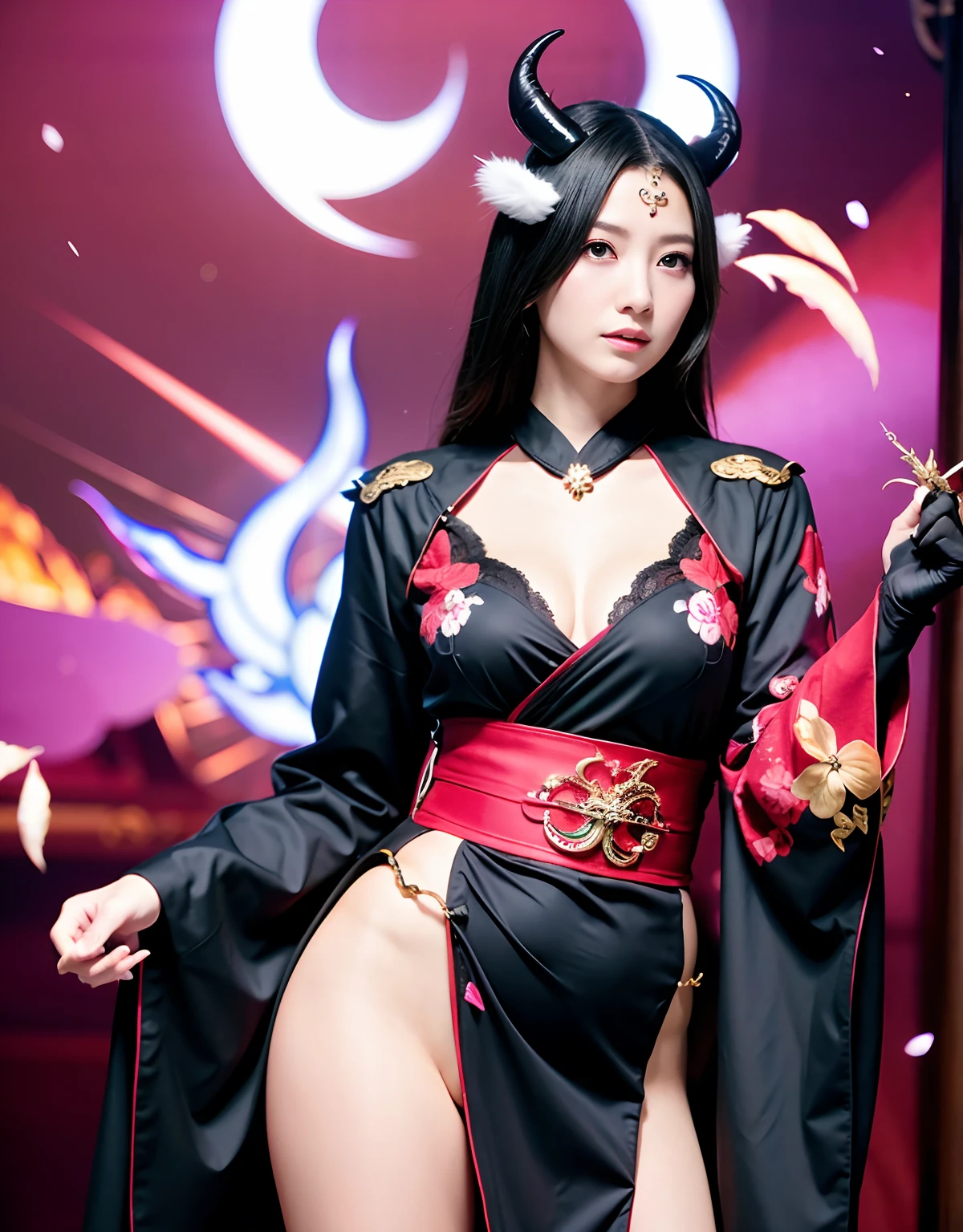 ((White ghost flies)),Professional , masterpiece、top-quality、photos realistic , depth of fields 、(Various poses)、(Background of cherry blossoms in full bloom),(Ultimate Beauty)、(A dark-haired)、(Fight ninjas)、Mystical expression、(Kimono with scary pattern)、(Night background)、Precipitous cliffs、((Devil's Wings Grow)),(Wear a kimono with a floral pattern),Armpit、(Wearing a colorful and beautiful kimono)、Jewel Gold Weapon、Particles of light),(Has a devil's mask)、Gorgeous gold weapons ,Skeleton population、(( Gorgeous Dragon Sword)) , (a dark night),,(White ghost flies) 、((Black Haired Beautiful Girl))、(Castle background)、(demonic wings)、((Gangle's forest background))、Beautiful Caucasian beauty、1a person、dynamic ungle,(((Two devil's horns on the head)))、Smaller head、Idle Smile、Thin and beautiful female hands、Mystical expression、Light Effects、intense fighting、Wind-effect、magic circles、With the legendary magic wand、Dragon's tail、