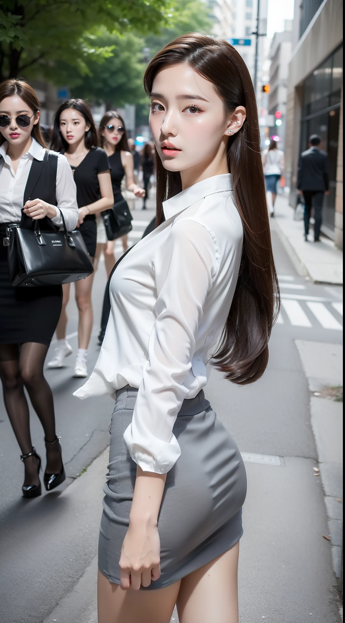 Ultra-clear resolution，top Quority，Wonderful young girl，ear studs，Clear  eyes，plain face，Gloss on lips，s the perfect face，White skin，Perfect chest，Large breasts，Slender legs，Gray office miniskirt，high-heels，street