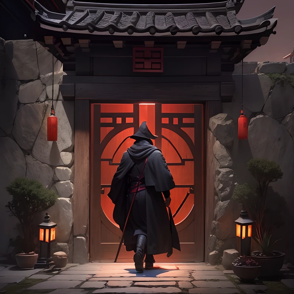nigth,Night,Faint moonlight,Chinese courtyard entrance,wood door,Stone walls,Two big red lanterns hung at the door,A man in a black cloak,Wear a cape on his head,Holding a nine-ring tin staff(1.5),a black cloak