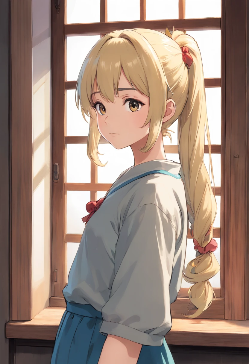 Menina anime com cabelo longo, And blonde and ponytail standing in front of a window, black and white manga style, in style of manga, detailed manga style, bela arte de linha, Sobre Ishida Art Manga, Menina anime com cabelo longo, perfil de menina anime, black and white manga page, Manga art style, a manga drawing, shoujo manga character design, in manga style