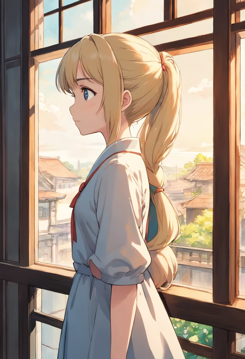Menina anime com cabelo longo, And blonde and ponytail standing in front of a window, black and white manga style, in style of manga, detailed manga style, bela arte de linha, Sobre Ishida Art Manga, Menina anime com cabelo longo, perfil de menina anime, black and white manga page, Manga art style, a manga drawing, shoujo manga character design, in manga style