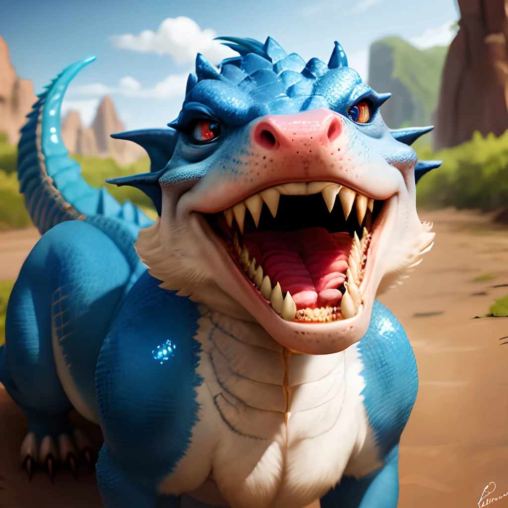 Blue female anthro scaled dragon, detailed and pink mouth open and drooling, looking at first person perspective,