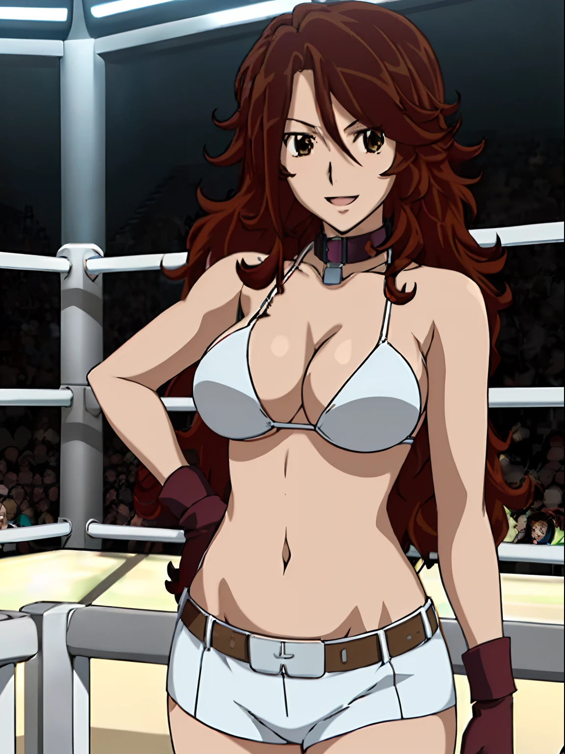 crossed arms, epic art, nice body, , anime style: 1.8, anime drawing, ultra detailed face, ultra detailed body, , 4k, Sumergai Lee Noriega, (standing), best quality, anime style, hires, highest definition, digital blending, bold drawing lines, ((slim waist, female wrestler), (location: wrestling arena, crowds watching), ( (fit girl), athletic, (thick neck), little biceps, thighs, off-shoulders, (curvy: 6.8), lighting, spot lights, very shiny skin), ((string bikini, shorts, groin, , white gloves, collar, belt)), victorious, winner, , (very big round breasts, smile, open mouth), (big eyes, brown eyes), (laughing), (brown hair, (long ponytail), dynamic hair, curly hair, smile, hair, missy hair), 27 years old, (titling head)