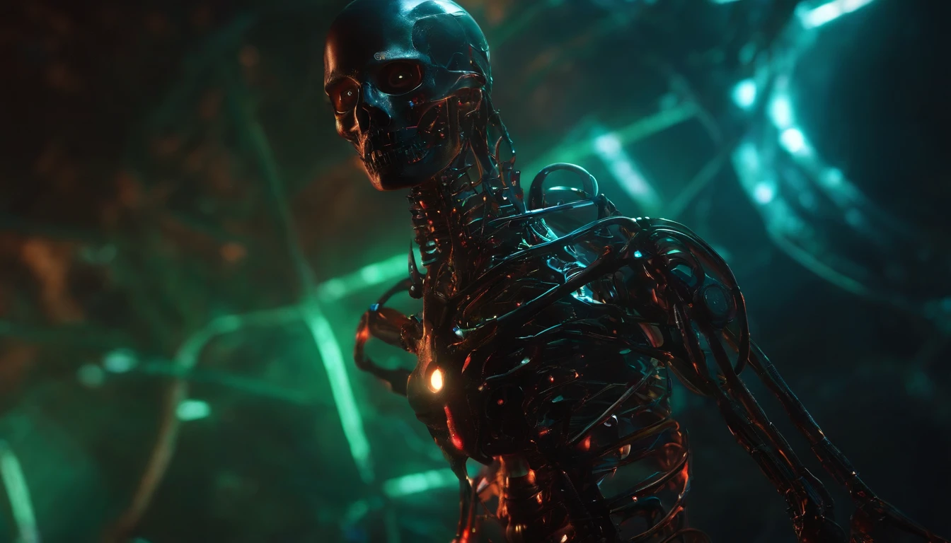 Chey Guera in my heart,Biomechanical, eerie, Creepy, nightmarish, Very bright colors, Light particles, with light glowing, Mshiff, wallpaper art, UHD wallpaper