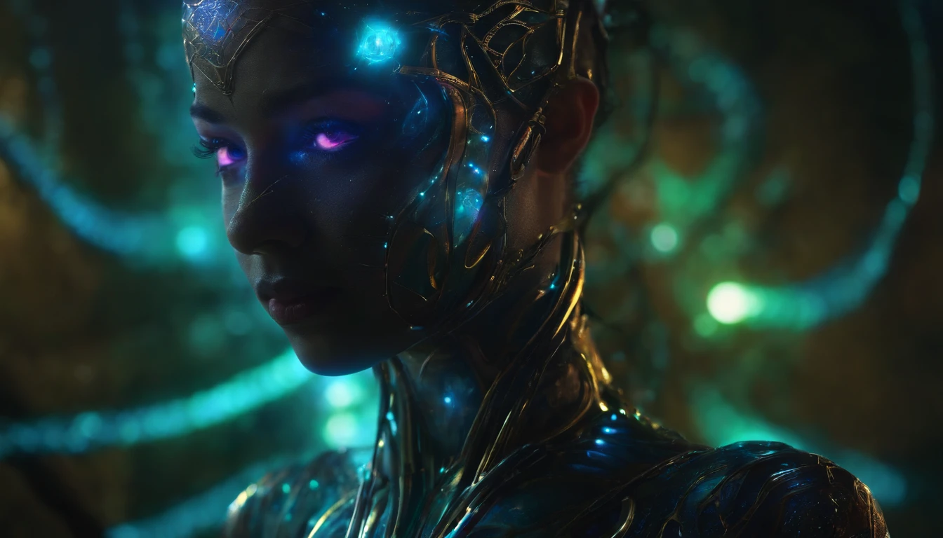Chey Guera in my heart,Biomechanical, eerie, Creepy, nightmarish, Very bright colors, Light particles, with light glowing, Mshiff, wallpaper art, UHD wallpaper