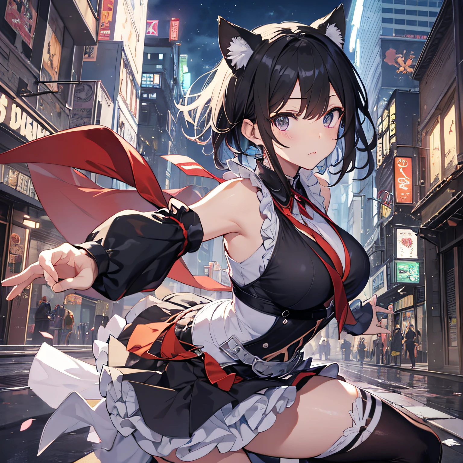 (The highest quality、8K、masutepiece)) ((( White atelier sleeveless))) (((Black short hair )))++　cat ear, Anime characters with black hair and dark eyes、anime visual of a young woman、Serious facial expressions, serious look, today's featured anime still、Official Art、Animated videos of cute girls、Popular Isekai anime、animated film、During the night　Moonlit night, Outdoor background, Martial Arts Moves, Athletic pose