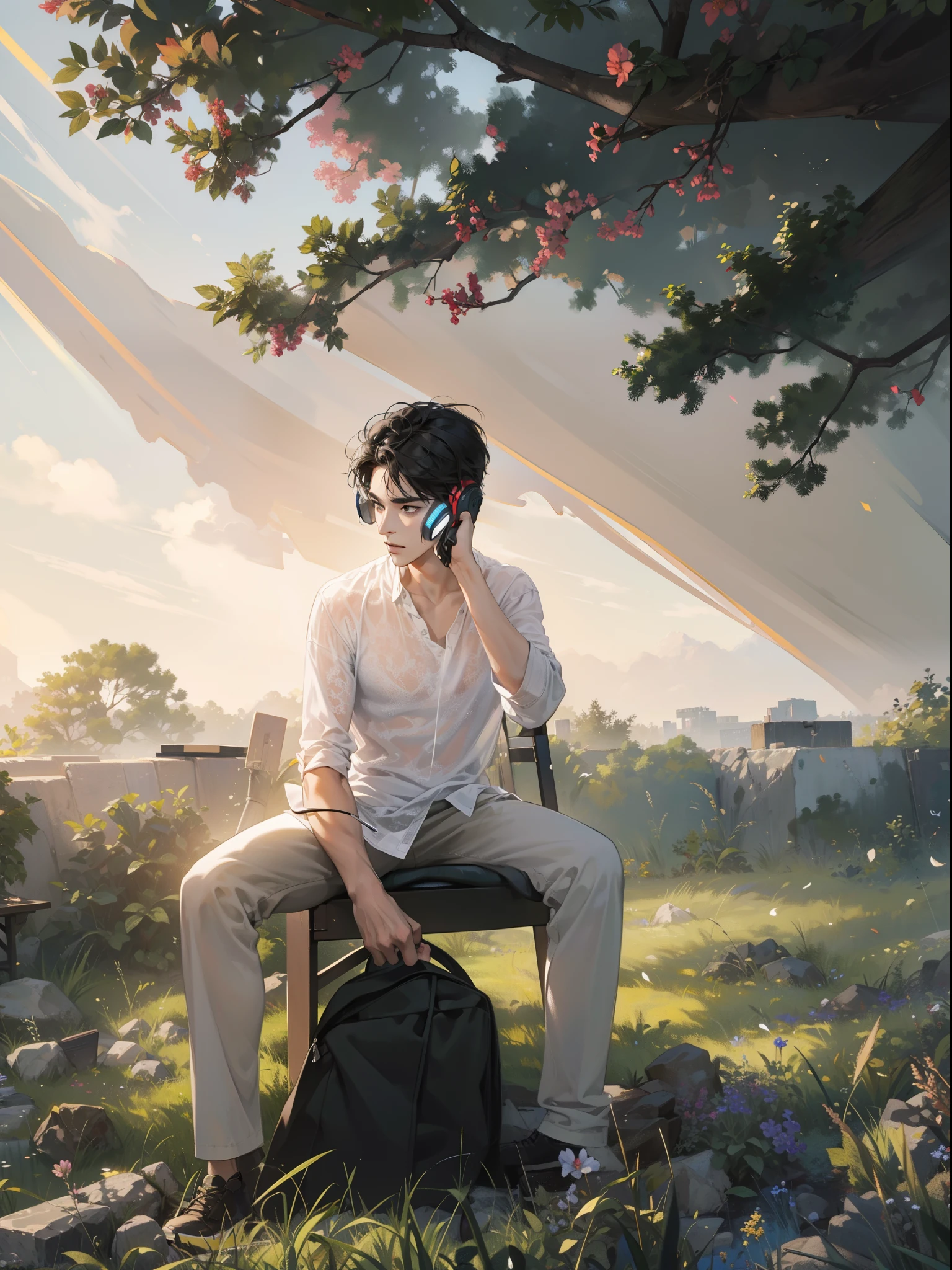 Masterpiece, high quality, best quality, HD, realistic, perfect lighting, detailed body, 1 man, short black hair, white t-shirt, calm expression, wearing headphones, facing the computer monitor, in the room