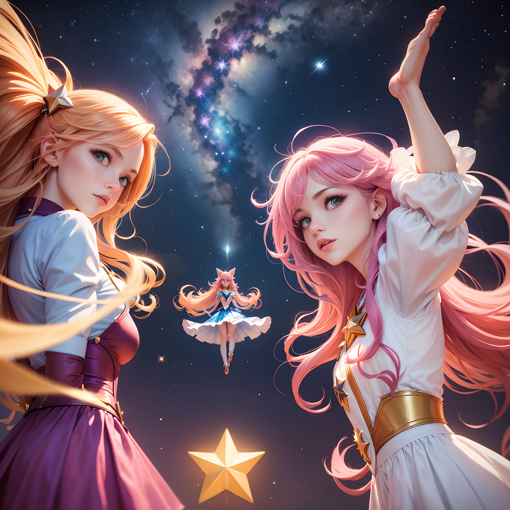 Mulheres de cabelos coloridos, Star Guardian Style, Flying in the sky of a starry city, usando poderes especiais e fazendo pose para foto