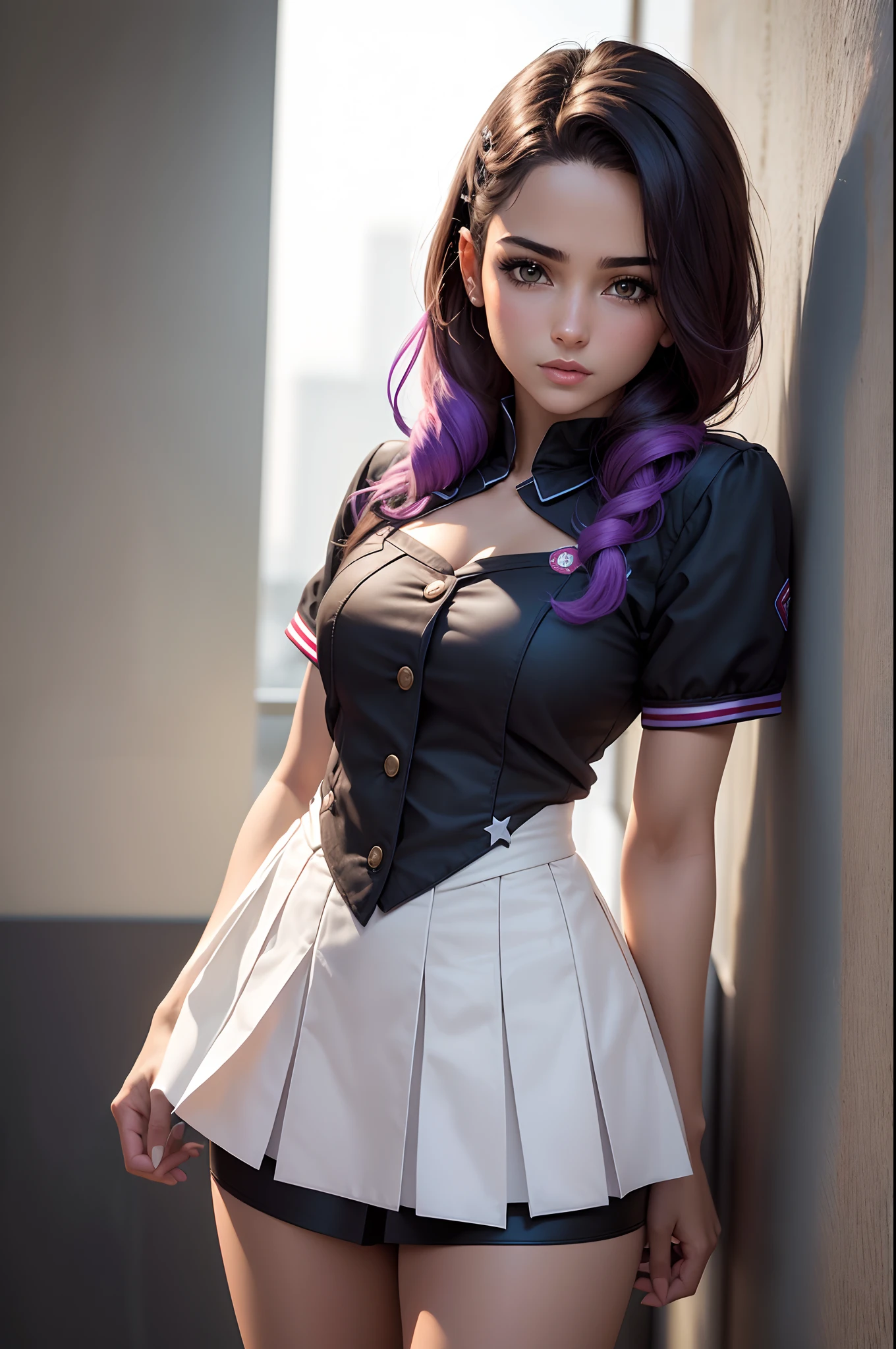 Anime Style, ,Red ribbon on uniform,Gray skirt, Stockings,Violet eyes, Smiling, Violet Hair, Light violet bangs, Annyoned 