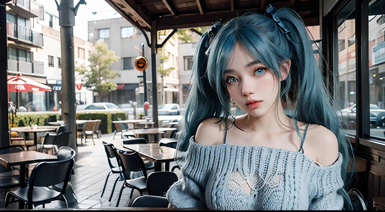 1girl , sona face, blue hair, blue eyes, ojos agudos, ojos rectos, gradient hair, twintails, hair ornament, Brittbeck cute 20 years very happy, wearing a sweater without shoulders, sexi body, big bobs, Retrato en primer plano, 2015 in an outdoor café, Luz de la tarde, add_detaild:1