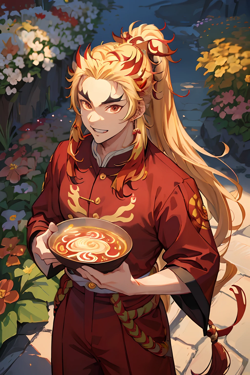 (masutepiece, Best Quality:1.2), Cowboy Shot, 独奏, Male Focus, 1 adult boy, rengoku kyojuro, grin, Look at viewers,  Long hair, High Ponytail, Split eyebrows, (((alternate costume))), (((komono)), (Stand in the garden with flowers), Looking up at the sky、Eat ramen