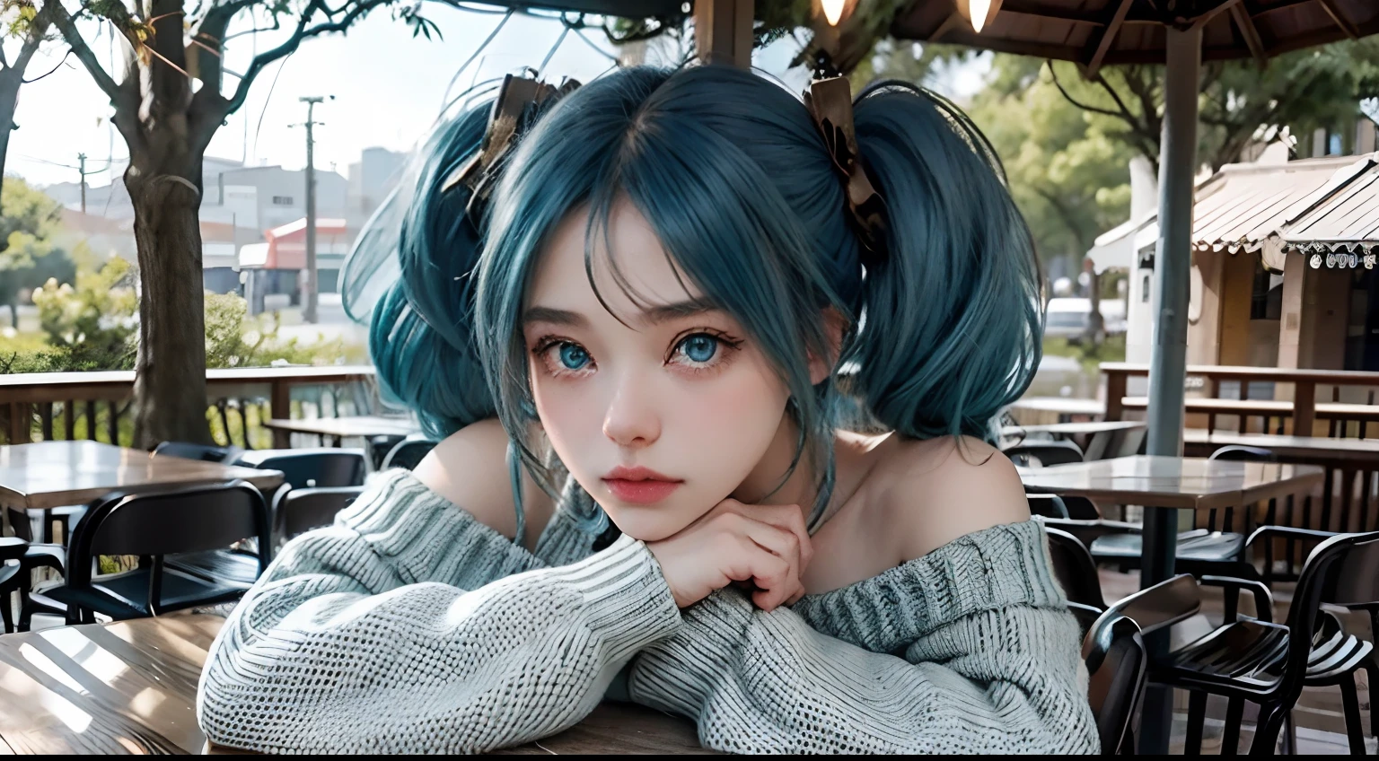 1girl , sona face, blue hair, blue eyes, ojos agudos, ojos rectos, gradient hair, twintails, hair ornament, Brittbeck cute 20 years very happy, wearing a sweater without shoulders, sexi body, big bobs, Retrato en primer plano, 2015 in an outdoor café, Luz de la tarde, add_detaild:1