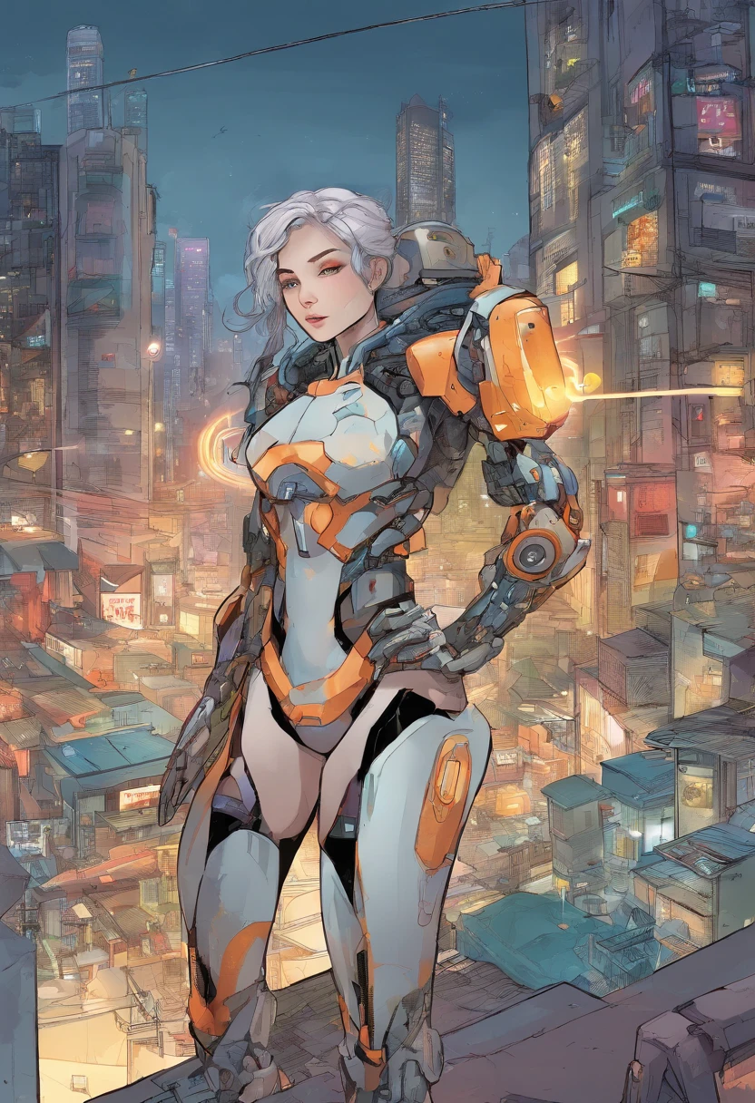 ((robot girl, mecha)), glowing eyes, delicate face, broken armor, mechanical aura, mechanical arm, gray hair, long hair, ceramic body, thigh gap, small breast, cyber background, very fine city, (translucent, reflective skin), 8k, best quality, ultra-detailed, (surrealism: 1.4),