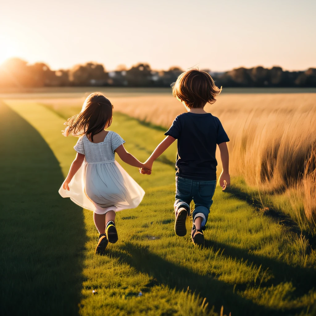 An image of two children (a boy and a girl) laughing and playing in a field or by a creek, emphasizing their closeness and adventurous spirit.8k,vibrant,realistic 