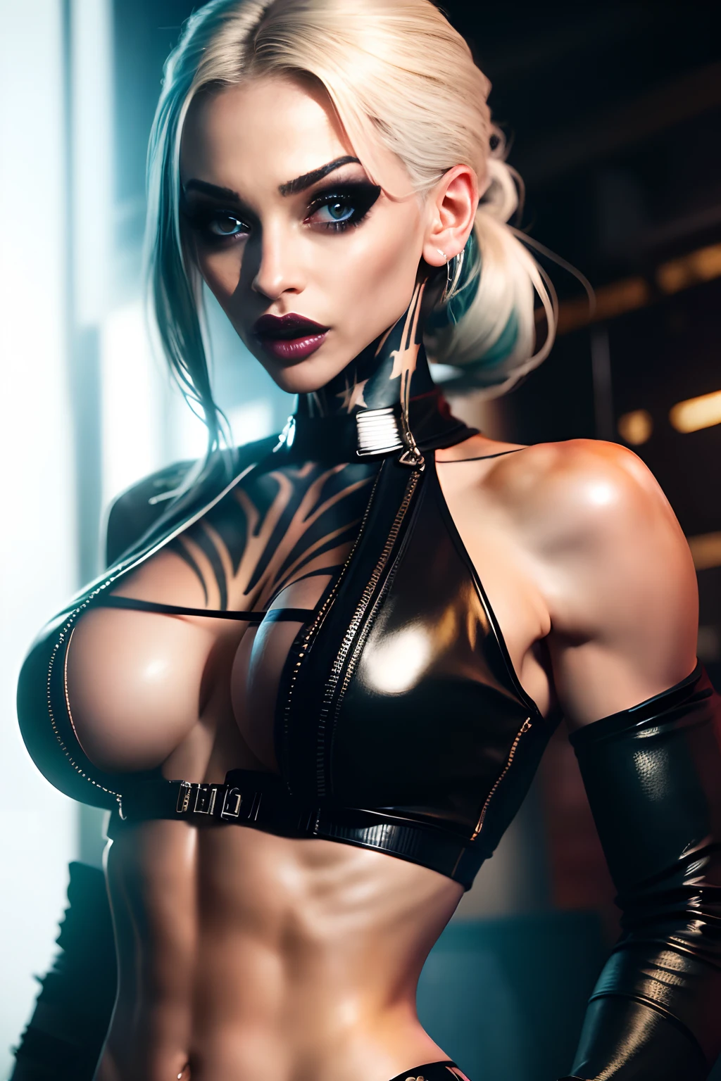 An ultra-realistic CG illustration of  katopunk as gothgirl waifu, solo, piercing gaze and bold makeup,  wearing a leather jacket with a crop top, and her hair is styled in a sleek updo.