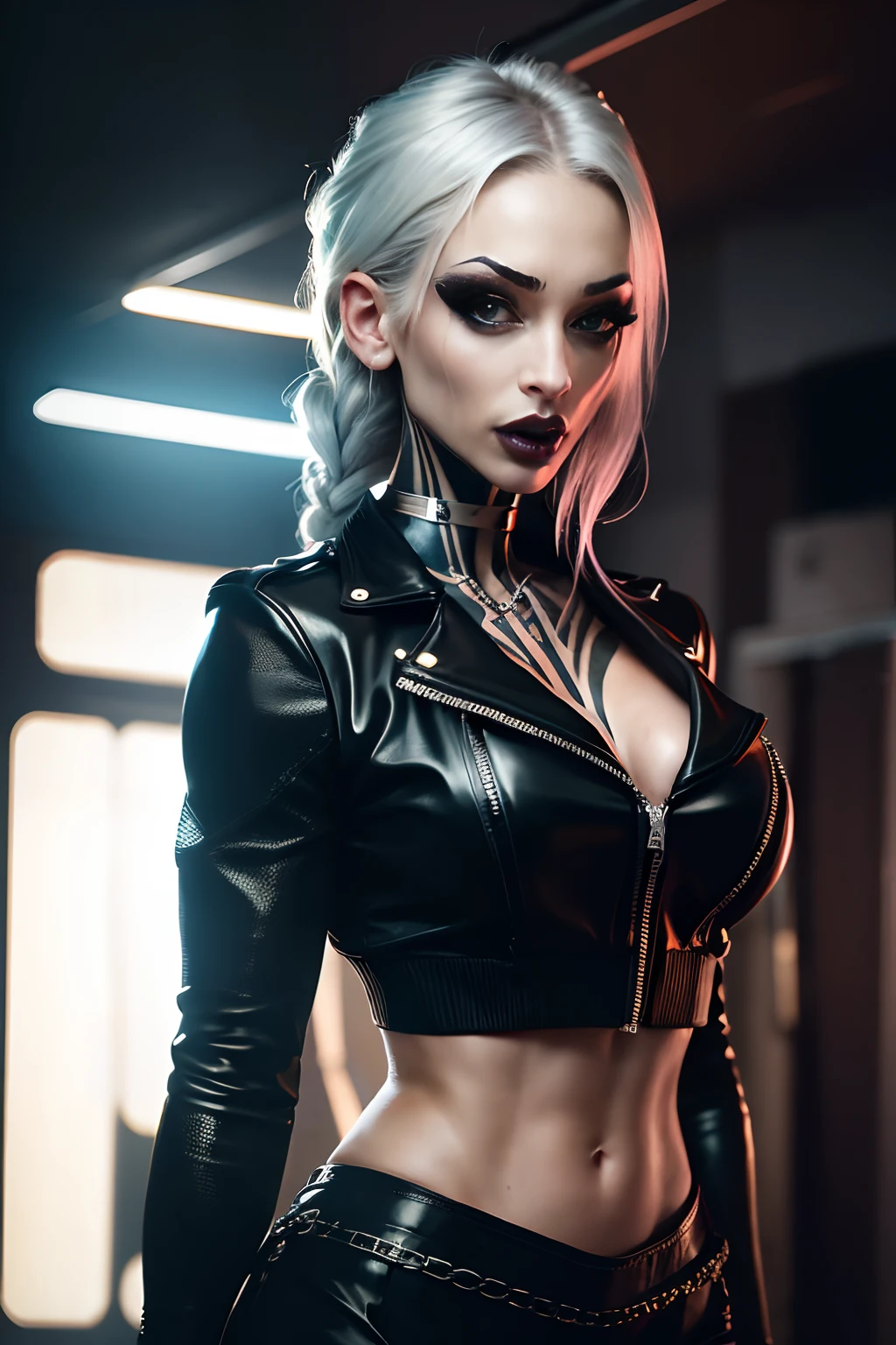 An ultra-realistic CG illustration of  katopunk as gothgirl waifu, solo, piercing gaze and bold makeup,  wearing a leather jacket with a crop top, and her hair is styled in a sleek updo.