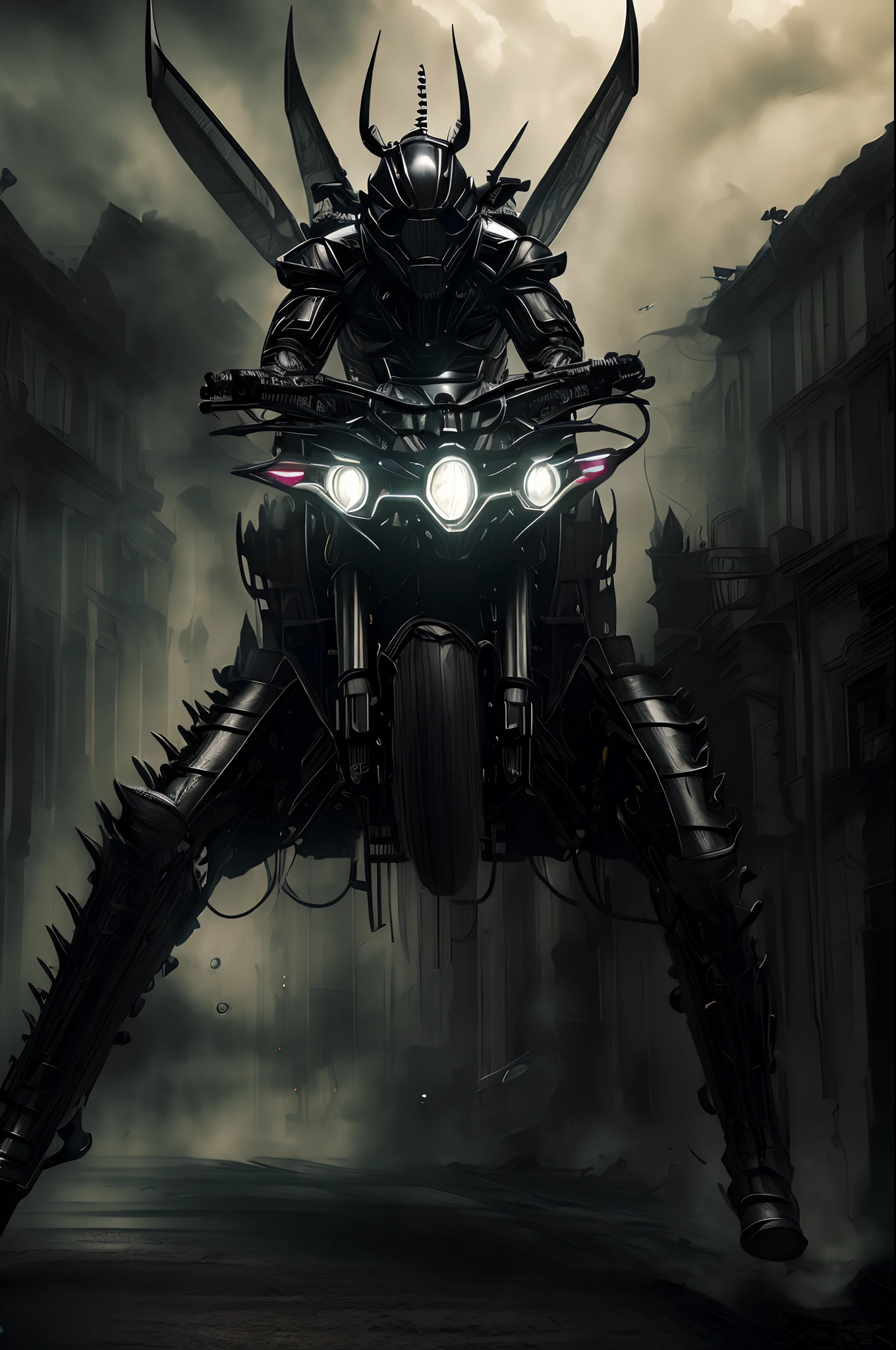 (photo realistic:1.4), (hyper realistic:1.4), (realistic:1.3), (smoother lighting:1.05), (increase cinematic lighting quality:0.9),Black Grasshopper Maskde Rider Black,Eyes glowing mechanically,mechanised modified human,dynamic pose,cinematic