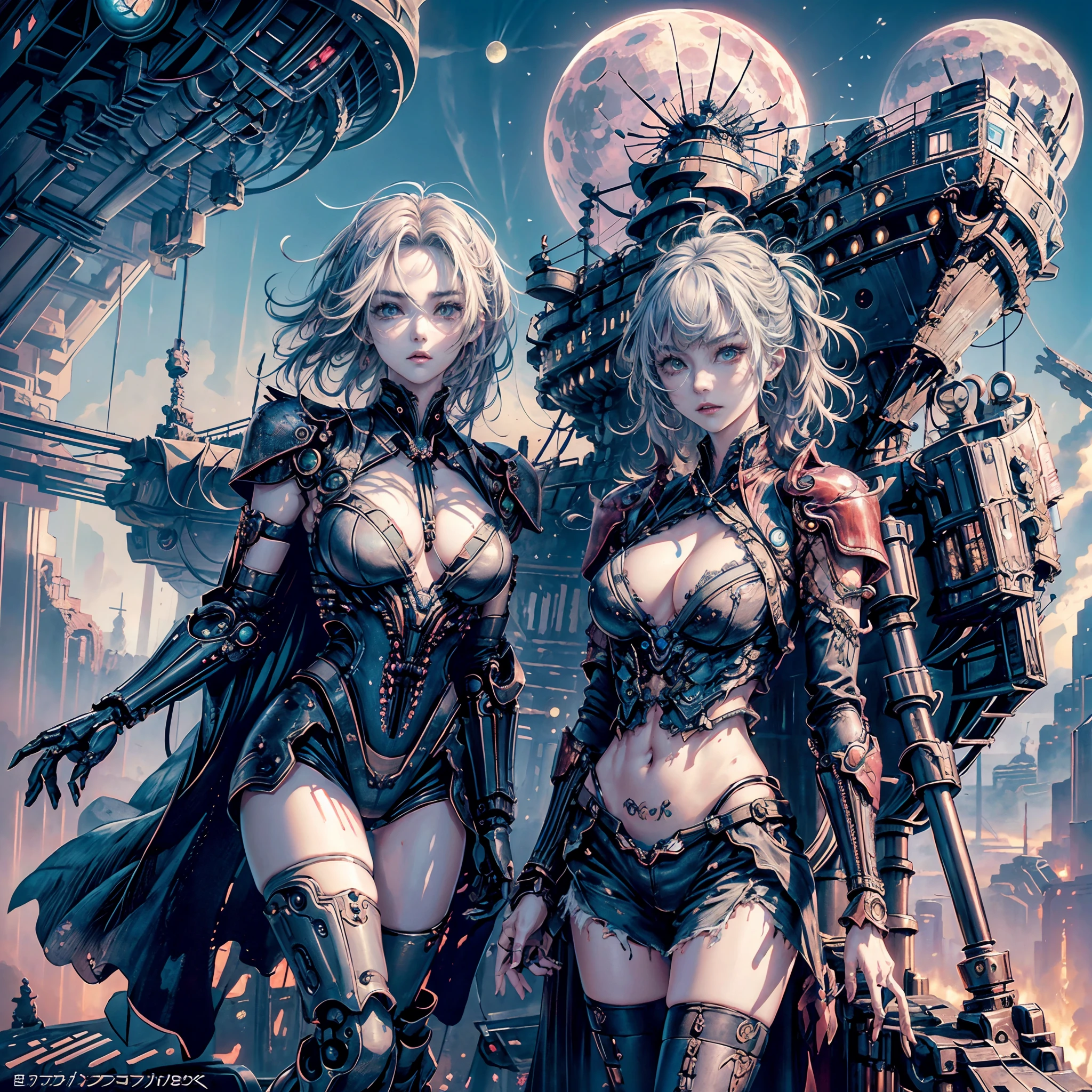 Cinematic lighting,super detailed skin、Beautiful detailed eyes、Best Quality,cyberpunked,(Alternative、dim colors, Soothing tones:1.3),(Ship and One Girl:1.5)、NSFW(1beautiful woman、Detailed beautiful facial features:1.3)(Leathery kimono、well-shaped breasts、Arms and legs are mechanical、Ripped clothes:1.5).(Mechanical ship、Noah's Ark、In the sky above:1.4)（There is a girl ahead:1.4）（pov from down:1.8）Predawn sky、destroyed city、(Mechanical Moon:1.2)