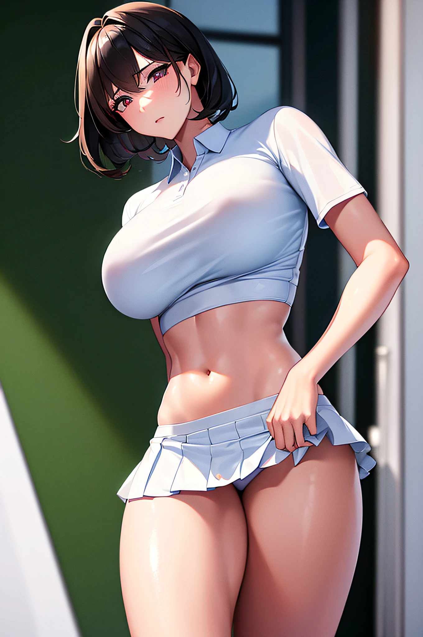 1girl in、middlebreast, abdominals、big breasts thin waist、独奏, White polo shirt, White sneakers, Tennis Wear, white mini-skirt, masterpaintings, top-quality, Photorealsitic, ultra-detailliert, (shiny skins, perspired:1.4), looking at the spectator, With short black hair, Brown-eyed,slender,dynamic light and shadow,hight resolution,depth of view,Eyes are delicate,Sharp pupils,pupil realistic,(Attractive),(thighs thighs thighs thighs:1.0),outside of house,Skysky