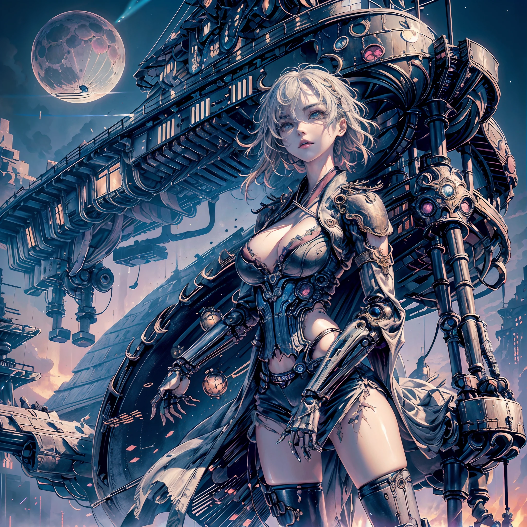 Cinematic lighting,super detailed skin、Beautiful detailed eyes、Best Quality,cyberpunked,(Alternative、dim colors, Soothing tones:1.3),(Ship and One Girl:1.5)、NSFW(1beautiful woman、Detailed beautiful facial features:1.3)(Leathery kimono、well-shaped breasts、Arms and legs are mechanical、Ripped clothes:1.5).(Mechanical ship、Noah's Ark、In the sky above:1.4)(There is a girl ahead:1.4)(pov from down:1.8)Predawn sky、destroyed city、(Mechanical Moon:1.2)