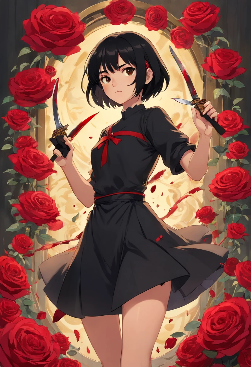 assassin girl, short black hair, black dress with roses, two golden knives, blood