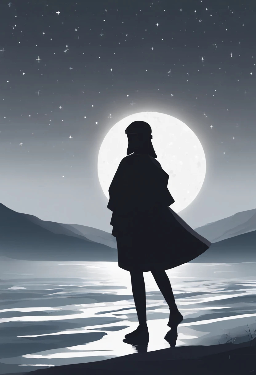 starrysky，The characters are small，Little fresh girl，The figure is shrouded in shadows，Pitch black night sky，Characters with their backs，looking at the stars，landscape