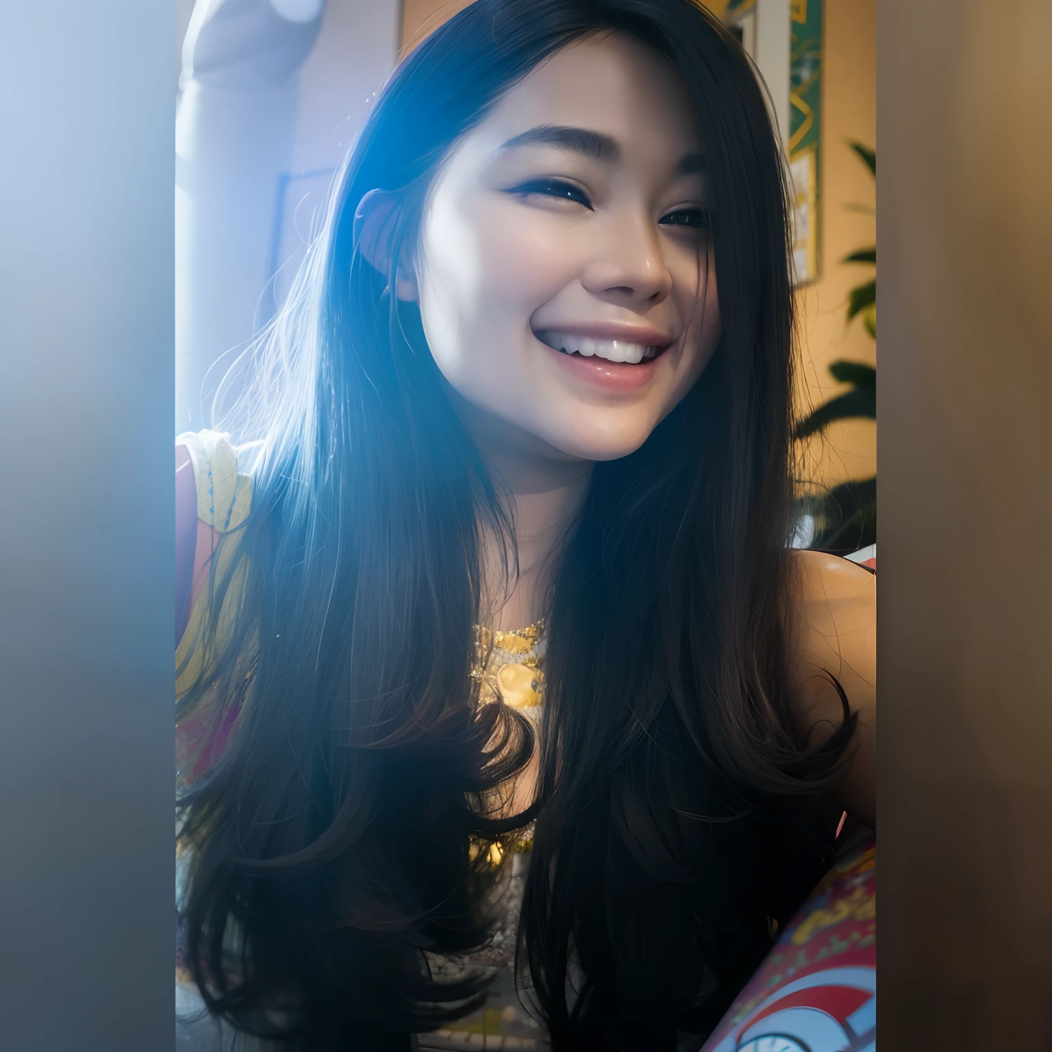 there is a woman smiling and holding a cell phone in her hand, she is smiling and excited, she is smiling and happy, she is smiling, with a beautifull smile, slight cute smile, with long hair, cindy avelino, grinning lasciviously, big smile on her face, asian girl with long hair, beautiful and smiling, she expressing joy