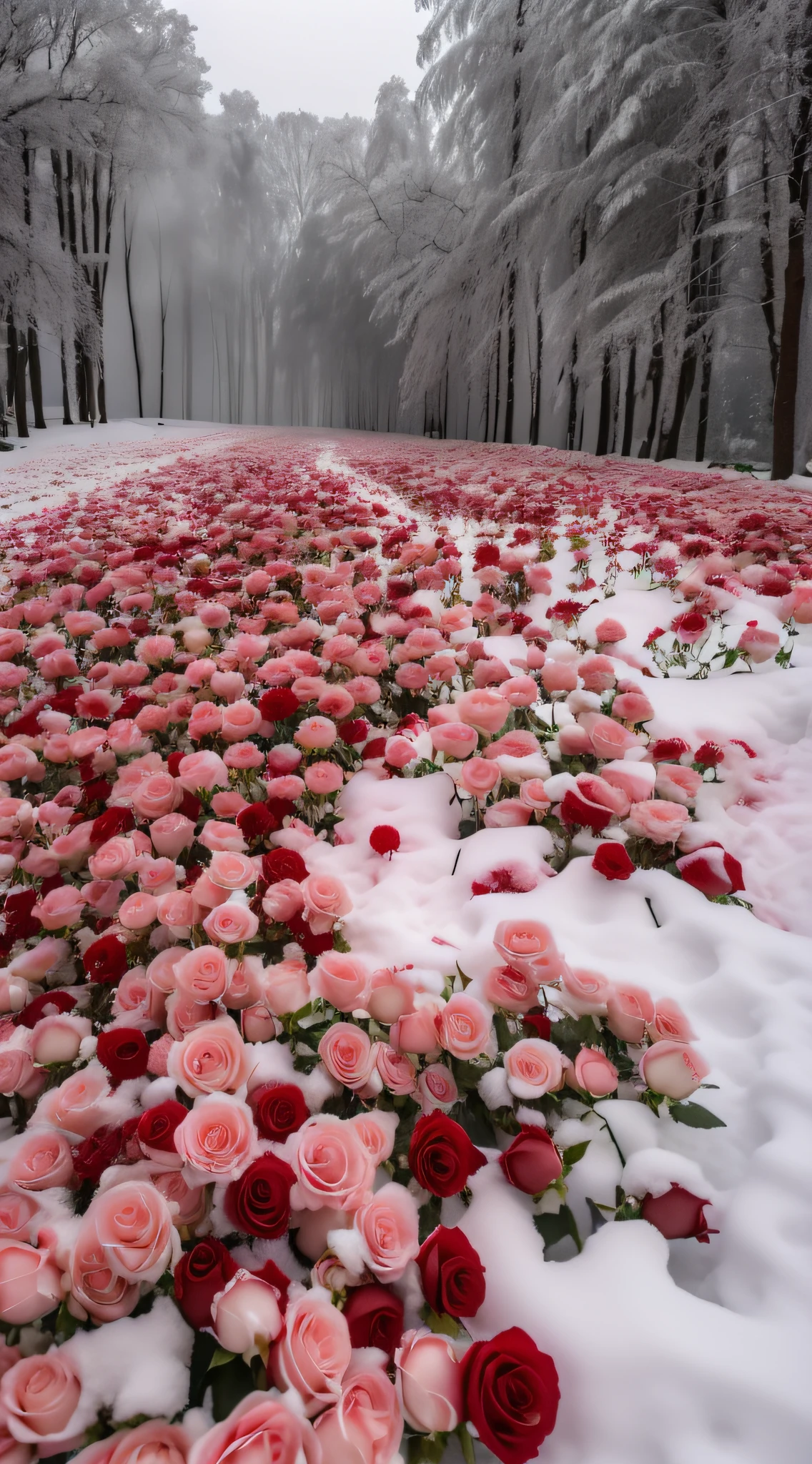 There are many roses lying on the snow, Really beautiful nature, Beautiful nature, with frozen flowers around her, rosses, rosette, pink and red colors, Unbelievably beautiful, Everywhere petals are falling, with snow covered colourful red, Beautiful flowers, Flowers!!!!, Pink Forest, of red and white colors, cant believe it is real, exploding roses, Beautiful and aesthetic