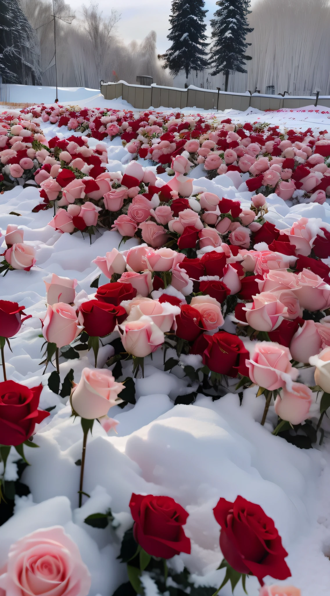 There are a lot of roses in the snow in the fields, pink and red colors, rosette, rosses, red roses at the top, with snow covered colourful red, with frozen flowers around her, an aesthetic field of flowers, Rose garden, laying on roses, white and red roses, pink and red color scheme, maxim sukharev, there's flowers everywhere