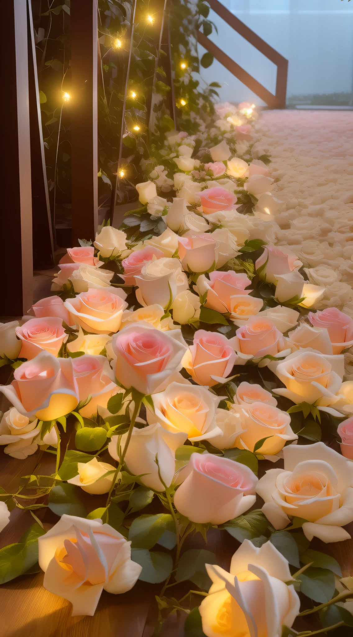 There are many white roses on the ground, rose pink lighting, Flower beds on the floor, Glowing flowers, lights with bloom, Soft glow, Luminous flowers, soft bloom lighting, laying on roses, beautiful aesthetic, beautifully soft lit, beautiful light up, romantic motifs, beautiful aesthetic lighting, rosses, rosette, with soft pink colors, field of flowers at night
