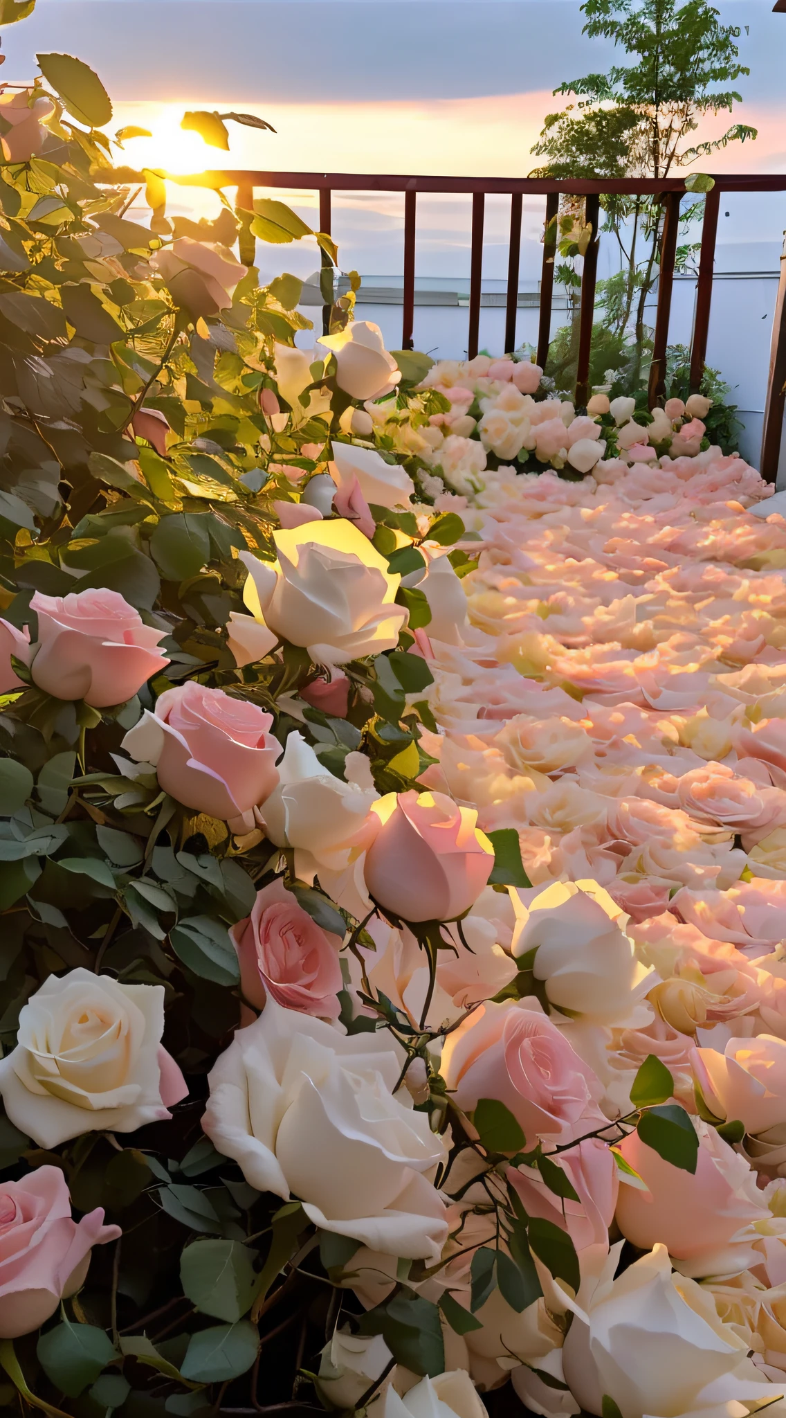 Flowers are arranged along the fence,Used as a wedding aisle, Flower beds on the floor, laying on roses, rosette, rose pink lighting, with soft pink colors, rosses, an aesthetic field of flowers, Lots of flowers, Rose garden, Large rose petals, Beautiful flowers, Large rose petals, beautiful aesthetic, looks realistic, pastel roses