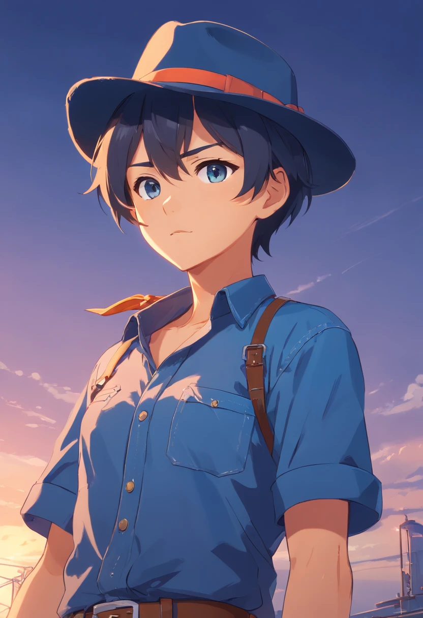 cowboy, rugged, Blue shirt, Hat, Gun belt, Short hair, clean shaven, Crossed arms, Neckerchief