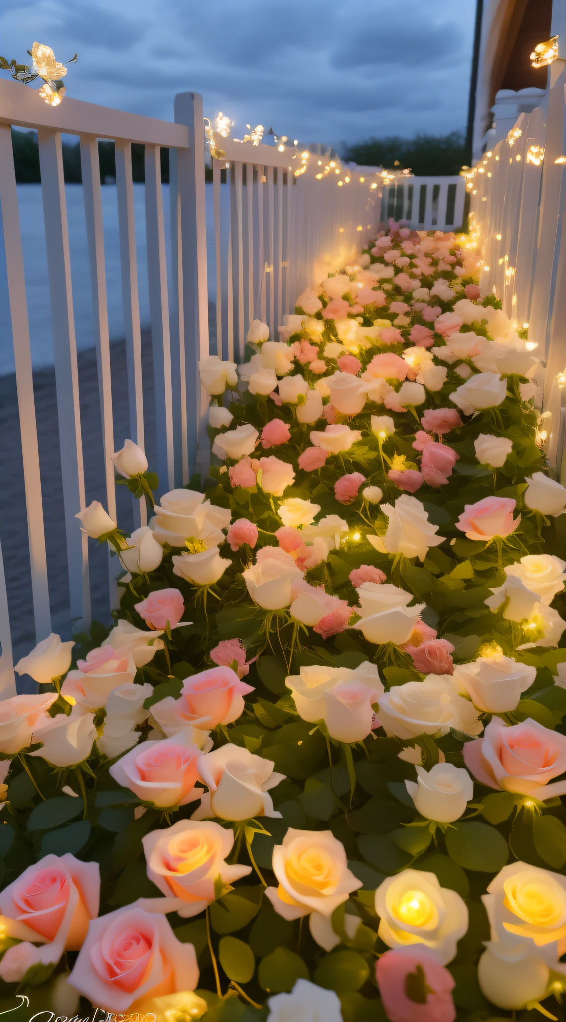 Flowers line the candles along the white fence, rose pink lighting, Glowing flowers, portal made of roses, lights with bloom, Beautiful and aesthetic, beautiful aesthetic, melanchonic rose soft light, beautiful light up, soft bloom lighting, leading to a beautiful, beautiful aesthetic lighting, roses in cinematic light, Luminous flowers, rosette, field of flowers at night