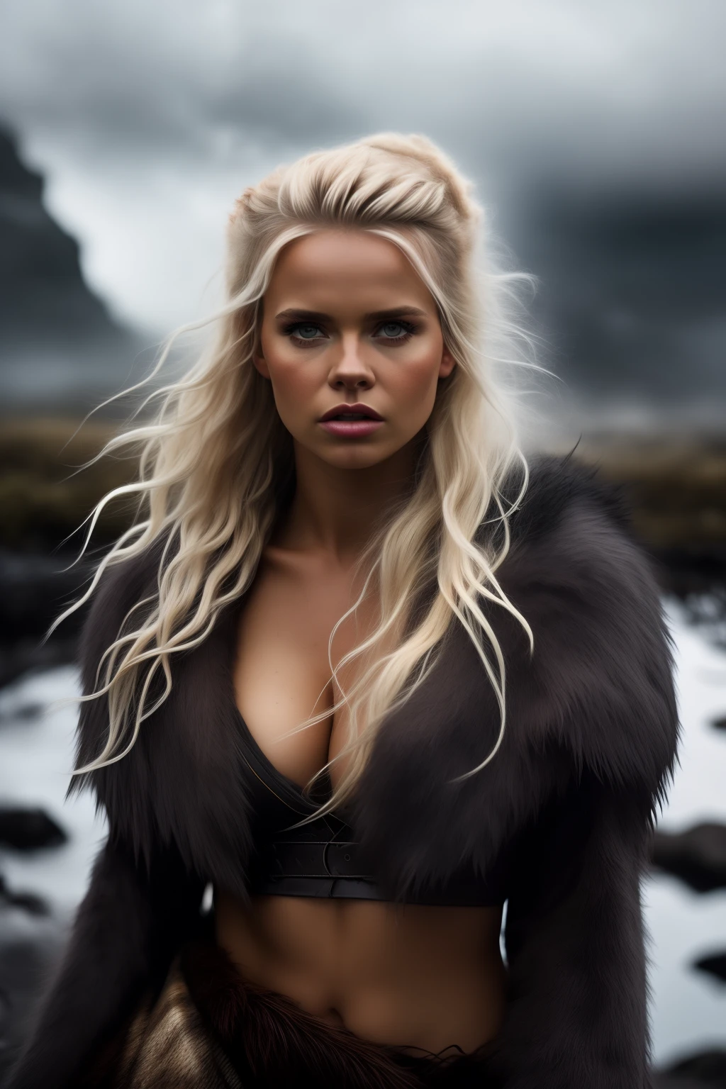 Hilde Osland, cute face, natural skin texture, hbo, natural geographic, award winner photo, rule of thirds, epic movie scene, storm, darkness, cozy, mountains, valkyrie, barbarian fur crop top