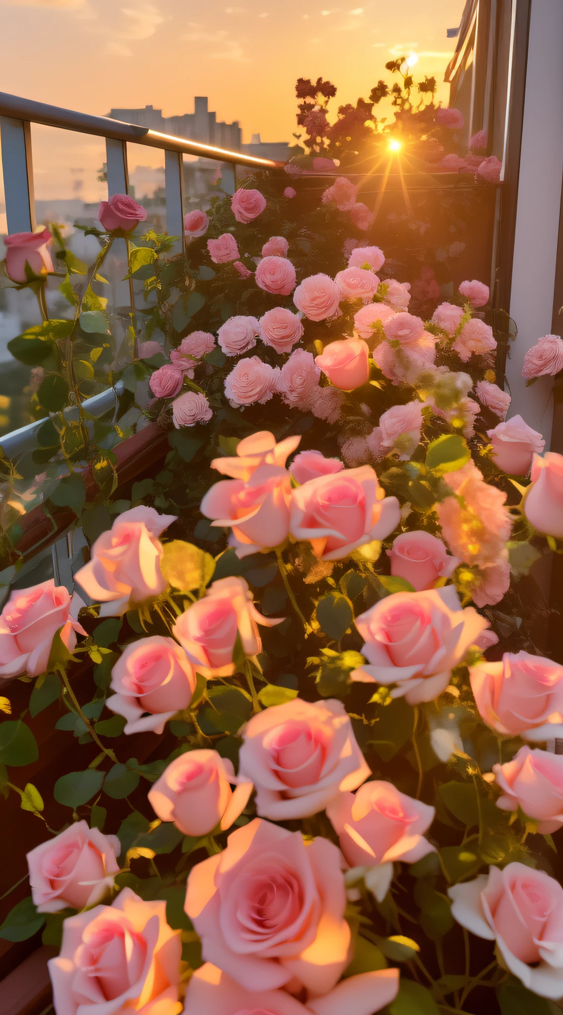 Flowers grow on the balcony，The background is sunset, an aesthetic field of flowers, Glowing flowers, Beautiful and aesthetic, roses in cinematic light, rosette, pink golden hour, rosses, beautiful flowers growing, rose pink lighting, beautiful aesthetic, dreamy aesthetic, Rose garden, soft light 4 k in pink, Lots of flowers, glowing aesthetic, Beautiful flowers