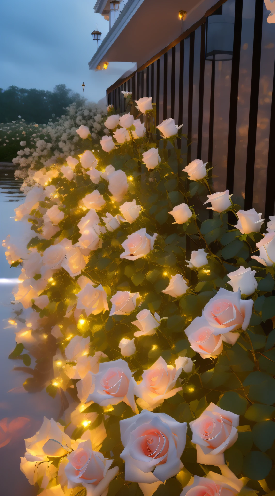 Many white roses grow in the water, rose pink lighting, Glowing flowers, with glowing lights at night, Luminous flowers, lights with bloom, melanchonic rose soft light, roses in cinematic light, very realistic looking, Rose garden, Softly filtered outdoor lighting, soft bloom lighting, field of flowers at night, Incredibly realistic, beautiful light up, beautifully soft lit