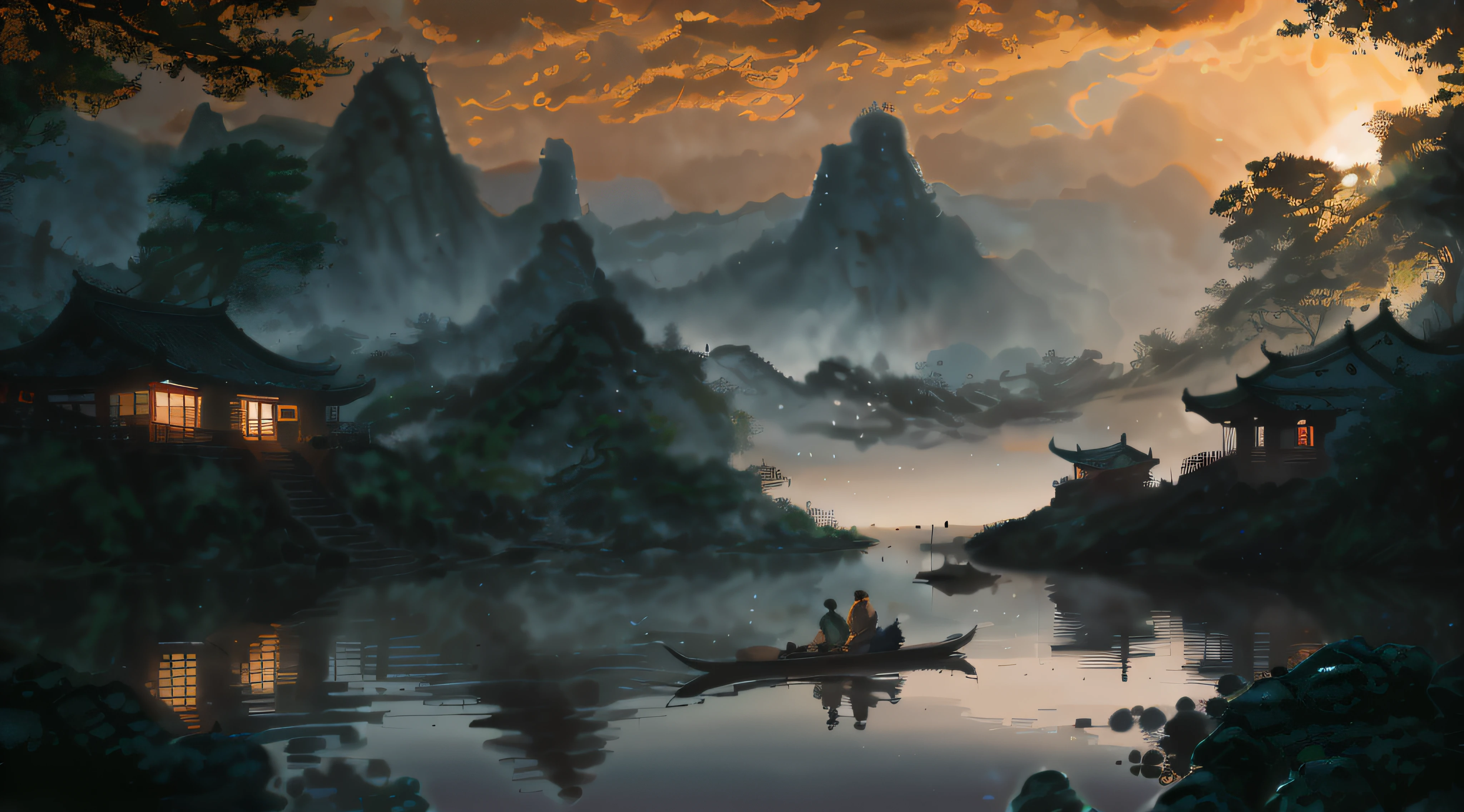 painting of a man and woman in a boat on a river, by Yang J, 4k highly detailed digital art, Detailed painting 4 K, inspired by Raphael Lacoste, 4k hd matte digital painting, Chinese landscape, Inspired by Fenghua Zhong, Detailed scenery —width 672, author：Qu Leilei, inspired by Andreas Rocha, author：Song Xu