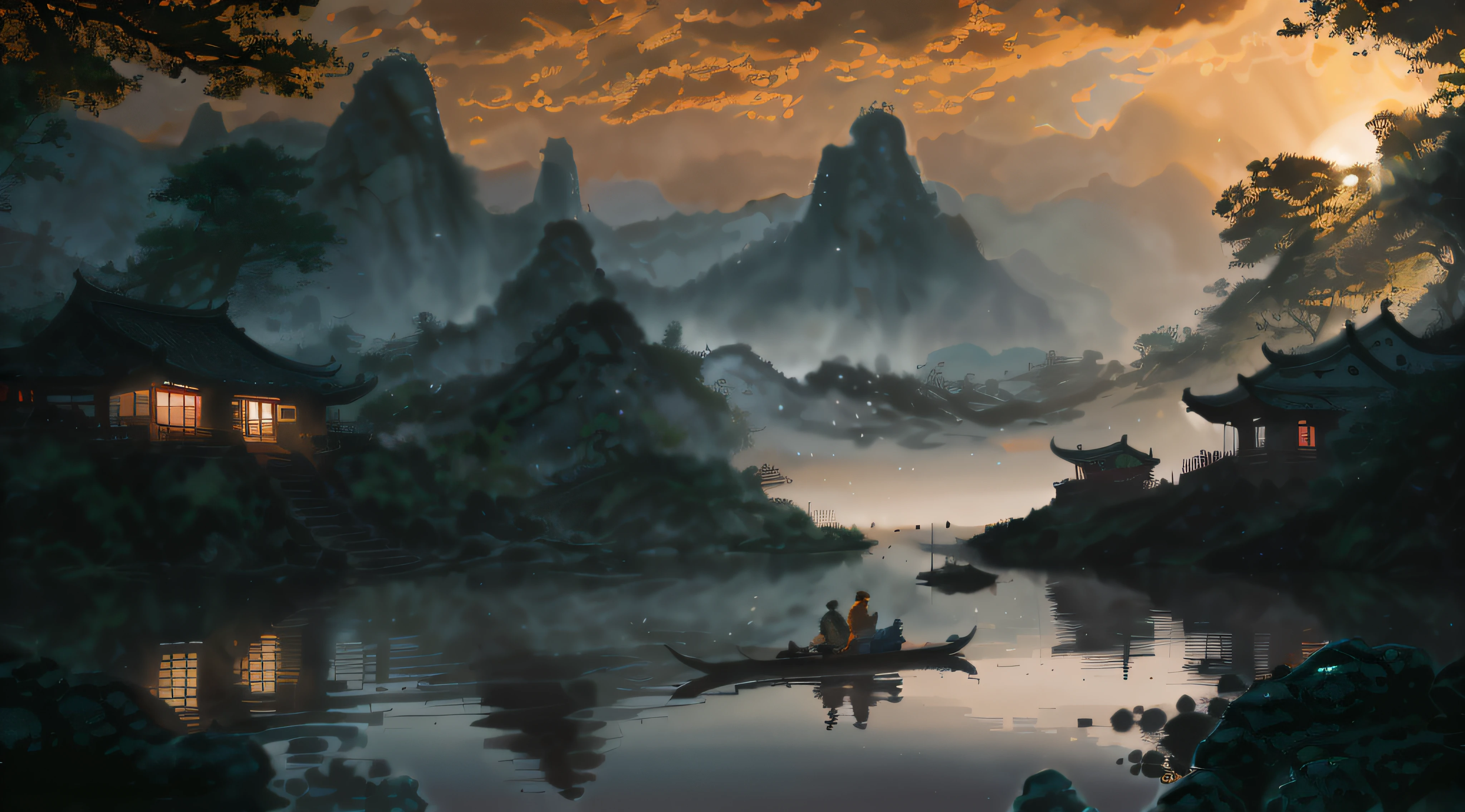painting of a man and woman in a boat on a river, by Yang J, 4k highly detailed digital art, Detailed painting 4 K, inspired by Raphael Lacoste, 4k hd matte digital painting, Chinese landscape, Inspired by Fenghua Zhong, Detailed scenery —width 672, author：Qu Leilei, inspired by Andreas Rocha, author：Song Xu