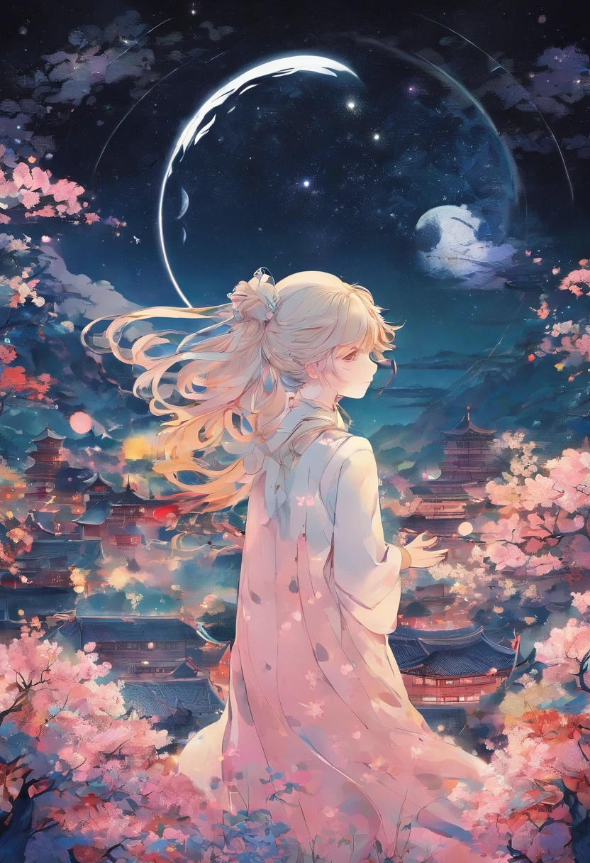 The characters are small，Little fresh girl，The figure is shrouded in shadows，Pitch black night sky，Characters with their backs，looking at the stars