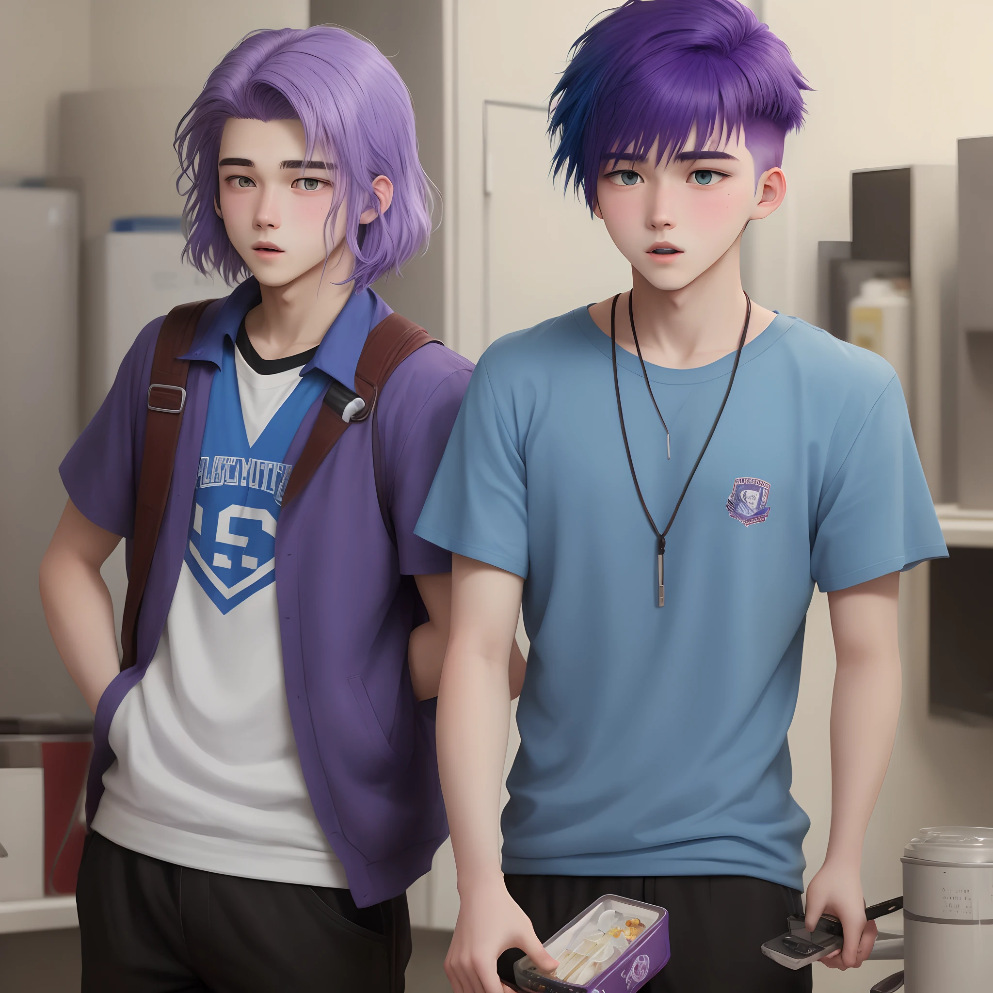 Two-dimensional celluloid style male high school student purple hair blue pick dye holding face