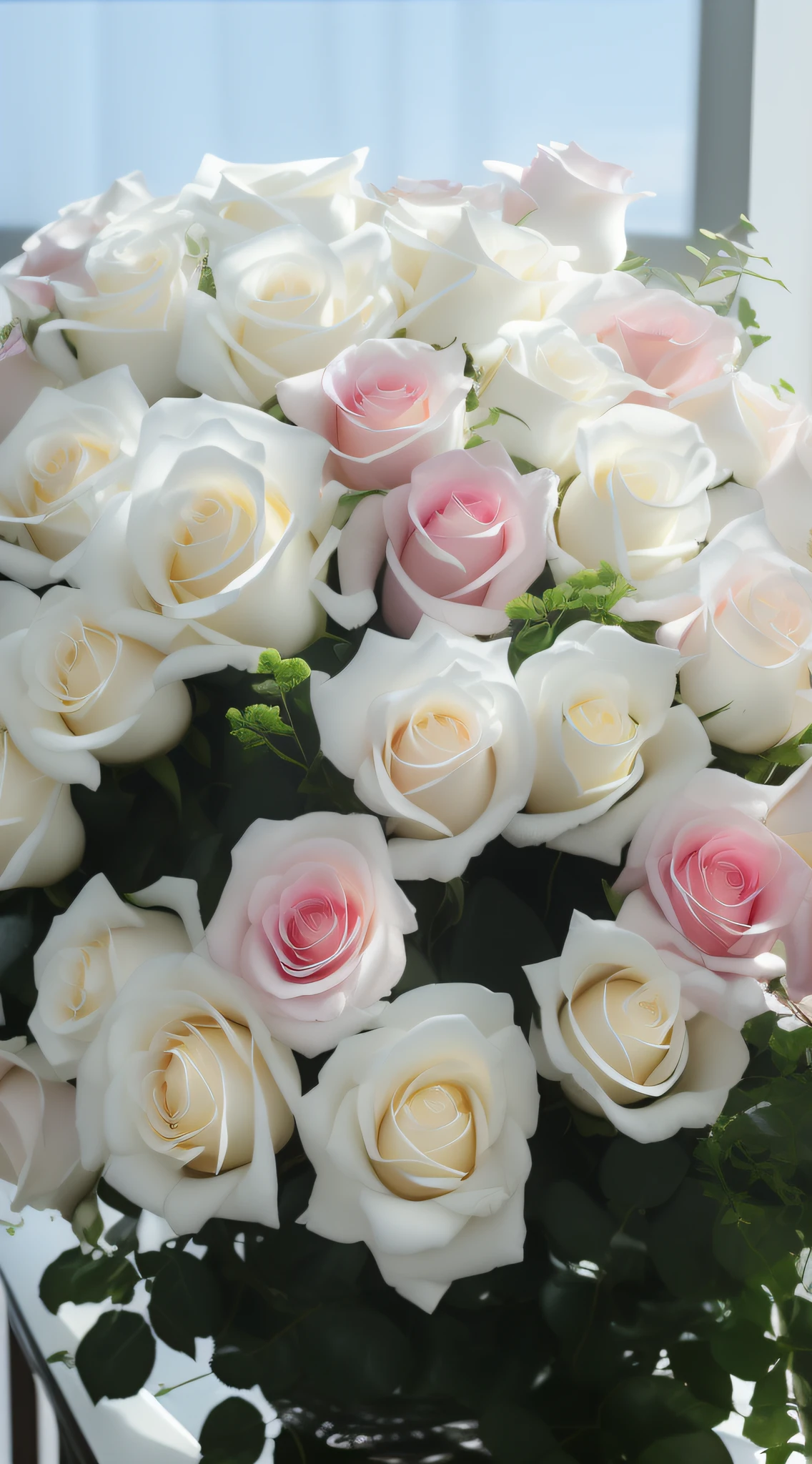 On the table was a bottle of white and pink roses, White roses, rosette, rose background, white and red roses, decorative roses, rosses, roses and lush fern flowers, roses in cinematic light, pastel roses, white and pink, a few roses, elegant flowers, Beautiful flowers, translucent roses ornate, light cream and white colors, with soft pink colors