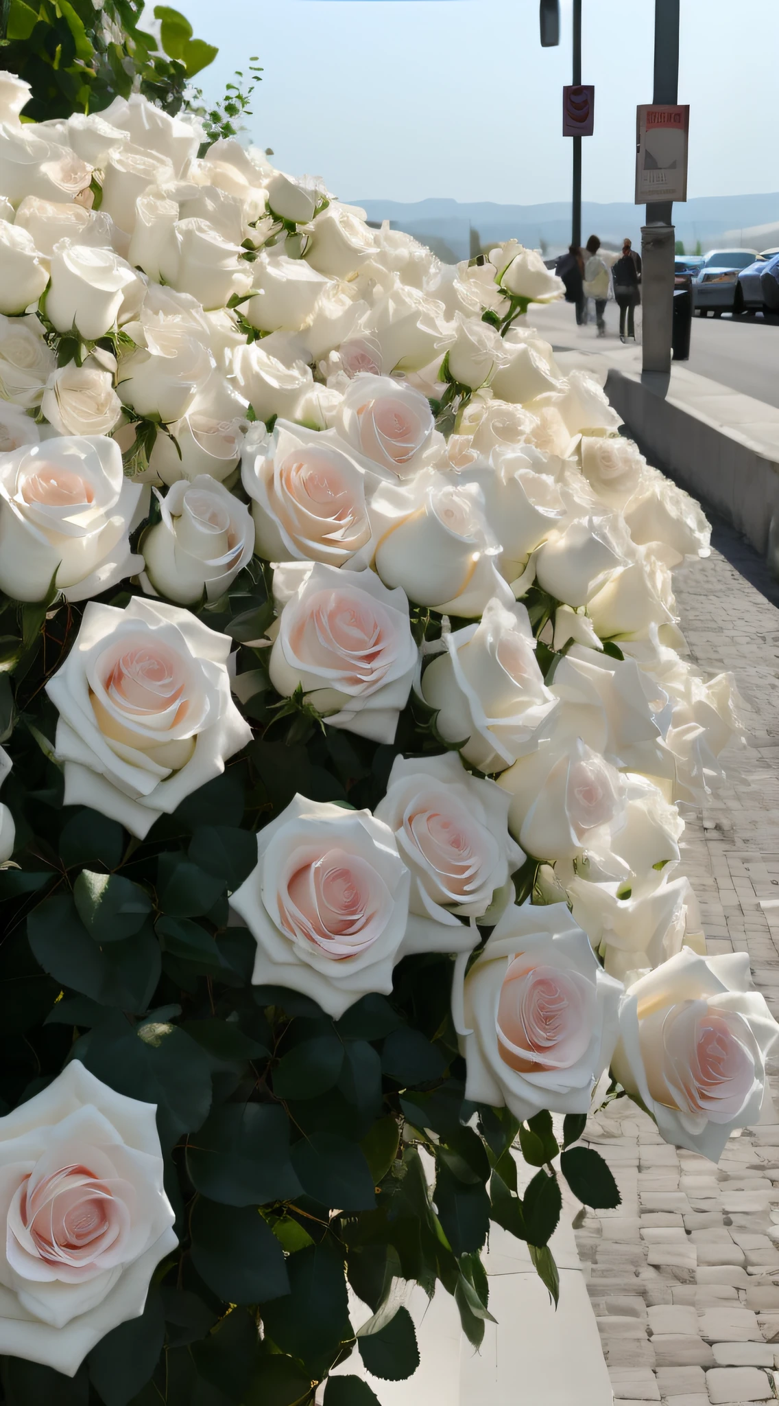 There is a large clump of white roses on the side of the road, White roses, rosette, rosses, roses in cinematic light, Beautiful large flowers, decorative roses, natural point rose', a few roses, Beautiful flowers, with soft bushes, exploding roses, giant rose flower head, huge flower, Rozen Maiden, laying on roses, aleksander rostov