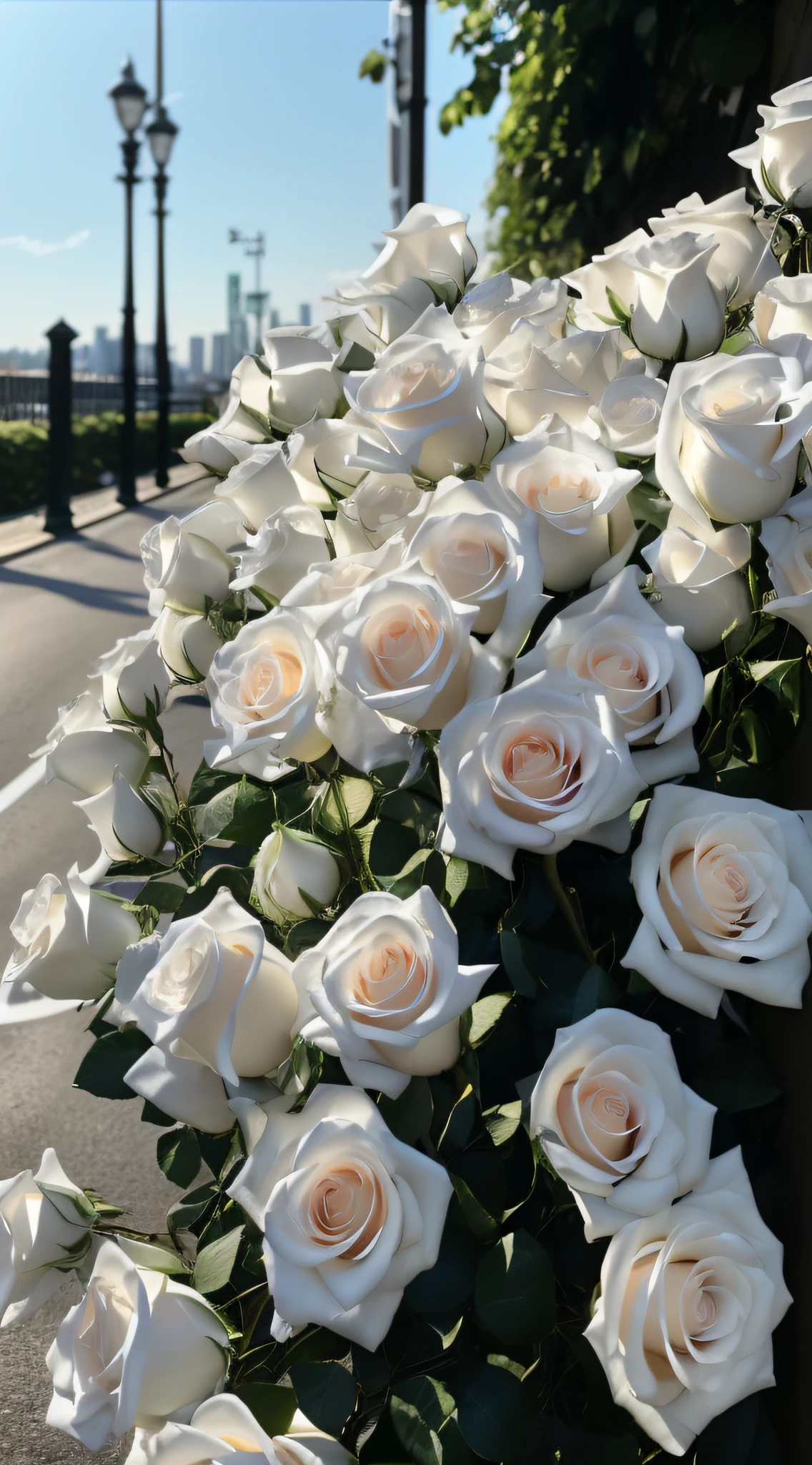 There are many white roses growing on the side of the road, White roses, rosette, roses in cinematic light, rosses, Beautiful and aesthetic, natural point rose', a few roses, taken on iphone 14 pro, taken on iphone 1 3 pro, taken on iphone 1 3 pro, shot on iphone 1 3 pro max, more and more flowers