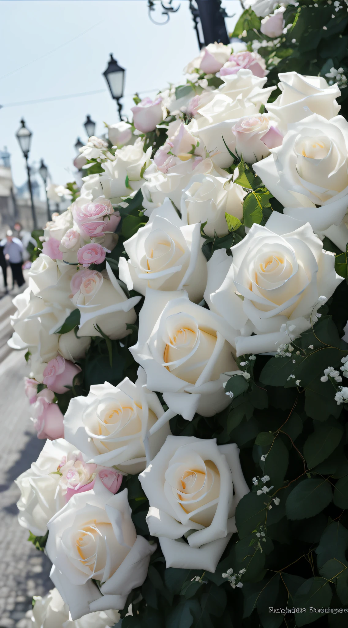 Many white and pink roses grow on the street, White roses, rosette, decorative roses, rosses, Beautiful flowers, Beautiful large flowers, aleksander rostov, anna nikonova, a few roses, 3 4 5 3 1, alexey egorov, elegant flowers, Incredibly realistic, Beautiful image, with soft bushes, breathtaking realistic