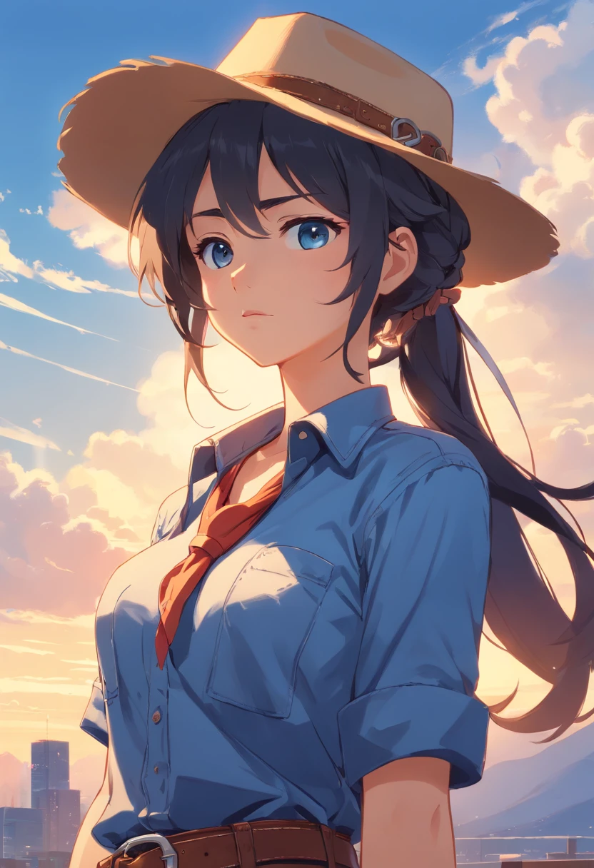 cowboy girl, rugged, Blue shirt, Hat, Gun belt, curly long hair, clean shaven, Crossed arms, Neckerchief, beautiful