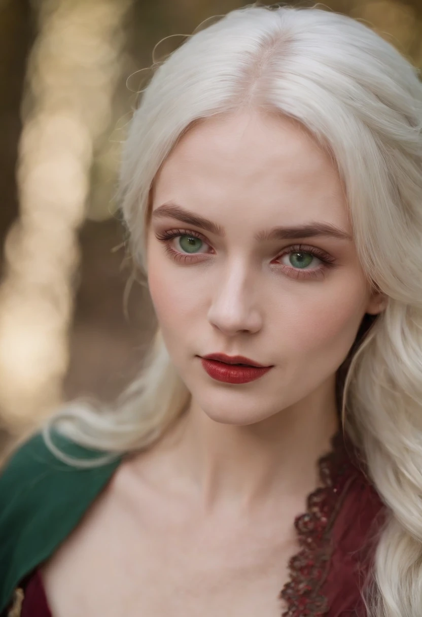 (((a deep reddish wound crosses her left cheek))) fair complexion, woman around 19 years old, natural white hair, distinctive green eyes, wearing kohl, slender and graceful, beautiful, candlelight in a medieval setting, ultra sharp focus, realistic shot, medieval female clothes, tetradic colors (scar:1.4)