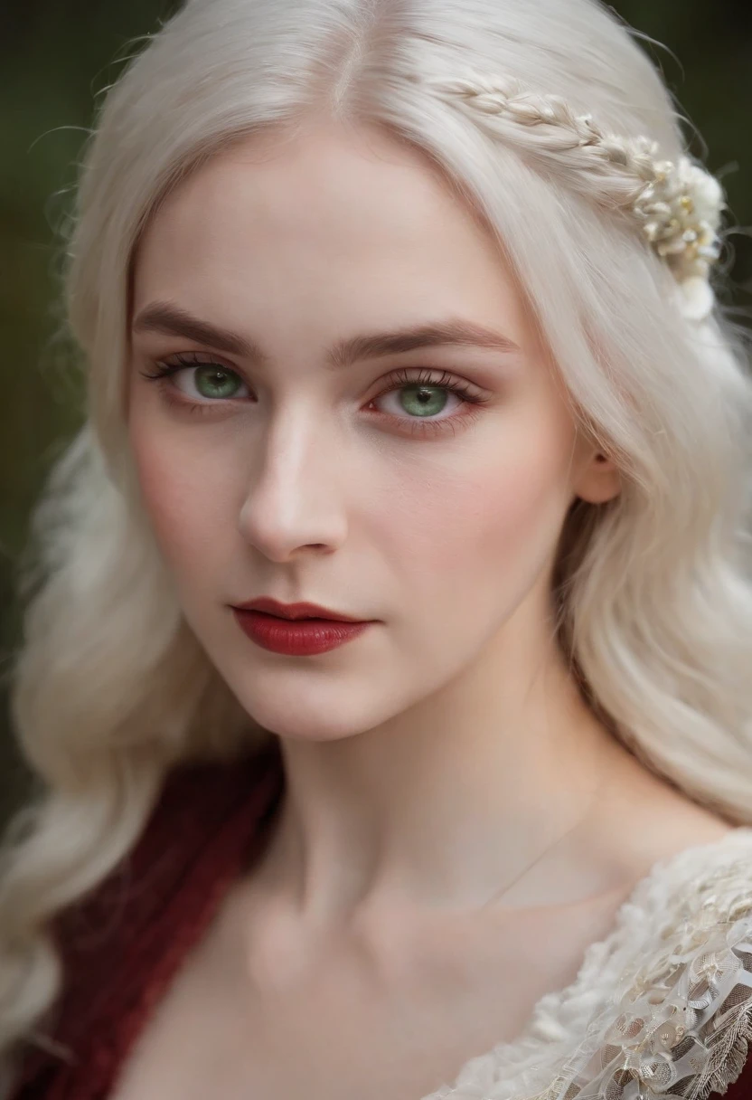 (((a deep reddish wound crosses her left cheek))) fair complexion, woman around 19 years old, natural white hair, distinctive green eyes, wearing kohl, slender and graceful, beautiful, candlelight in a medieval setting, ultra sharp focus, realistic shot, medieval female clothes, tetradic colors (scar:1.4)