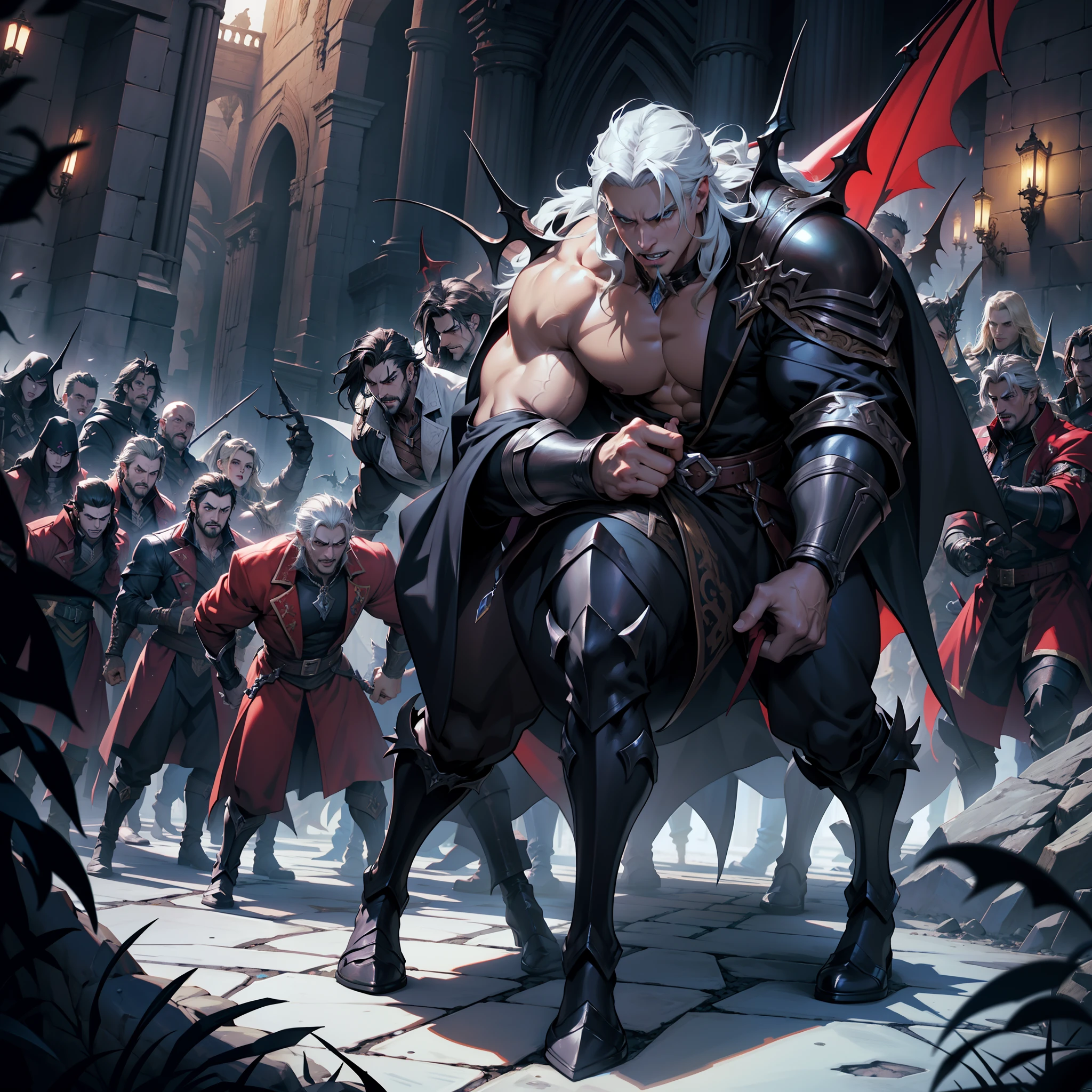 Castlevania Battle Scenes Shadow Lord Hyper Realistic Super Detailed Legendary Lord Dracula leading troops army of demons to fight sharp details Epic Legendary Hyper Realistic Cutscenes Super Detailed Super Detailed Hyper Realistic Faces Super Detailed Poses Muscular Men Center Scene