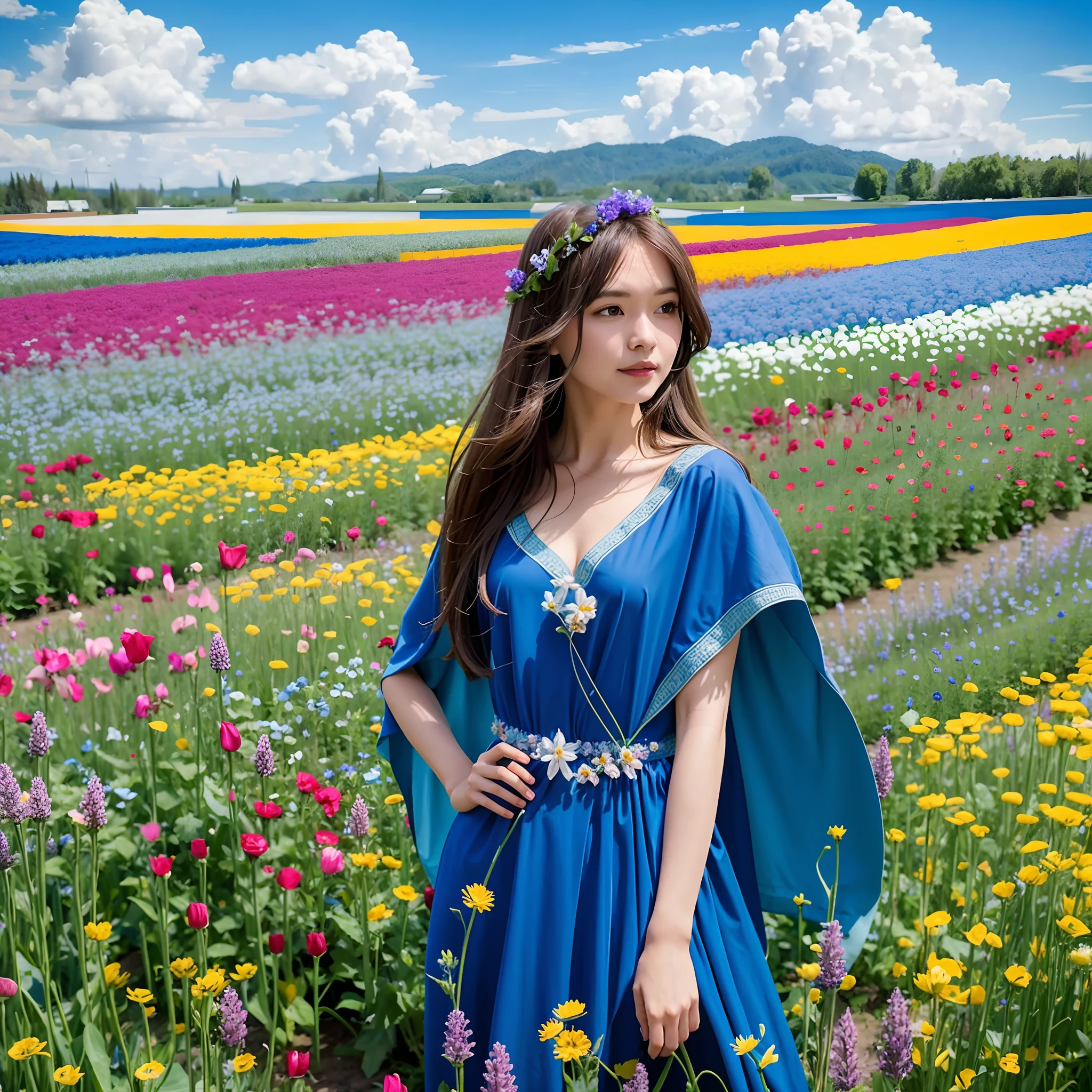 Woman in blue dress standing in flower field, Goddess in the Field of Flowers, Standing in a field of flowers, blue flower field, official artwork, Girl in a flower field, The woman, standing in a field of flowers, Standing in a field of flowers, A girl, standing on a flower field, A girl, standing on a flower field, German