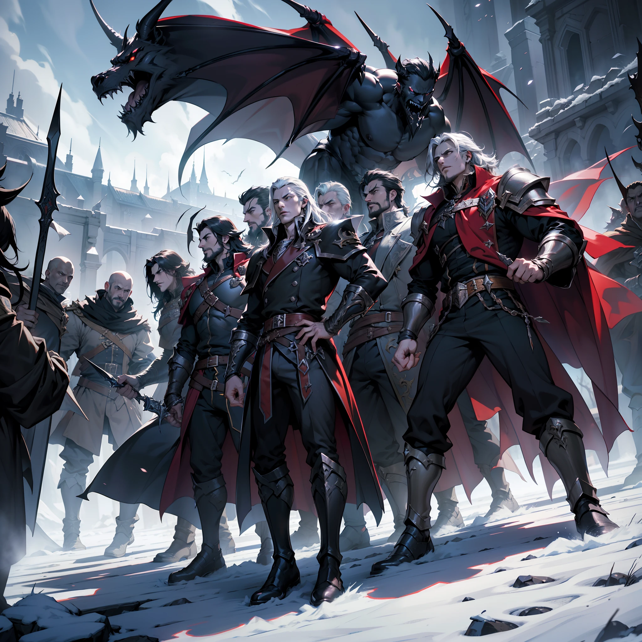 Castlevania Battle Scenes Shadow Lord Hyper Realistic Super Detailed Legendary Lord Dracula leading troops army of demons to fight sharp details Epic Legendary Hyper Realistic Cutscenes Super Detailed Super Detailed Hyper Realistic Faces Super Detailed Poses Muscular Men Center Scene